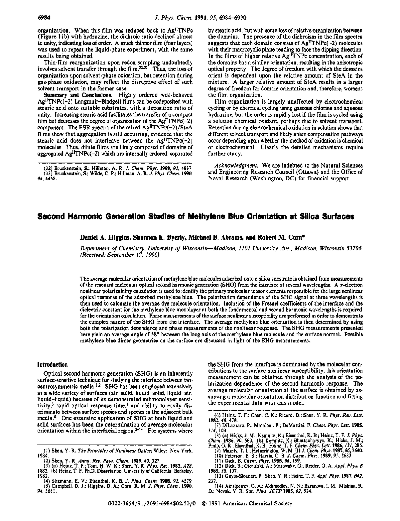 Second Harmonic Generation Studies of Methylene Blue Orientation at ...