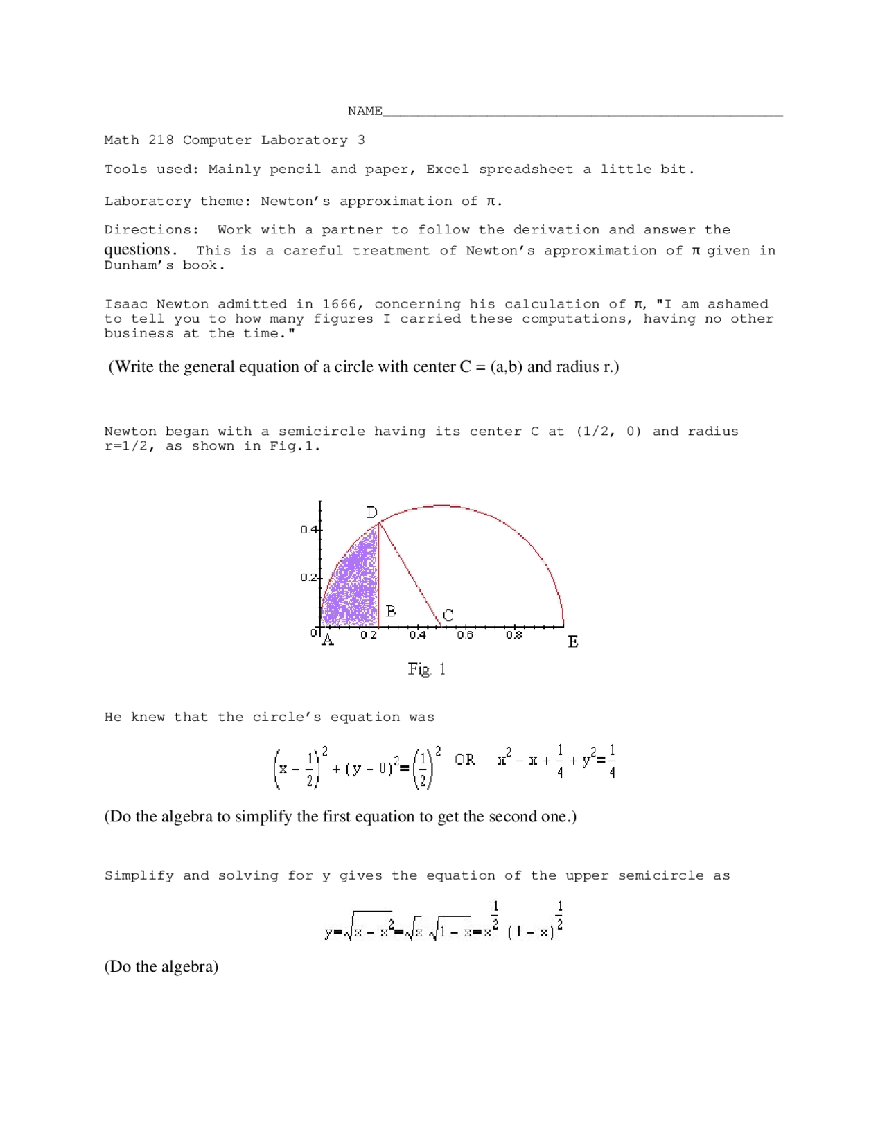 Solved Equations on Computer Axel Spreadsheet - Laboratory 3 | MATH 218 ...