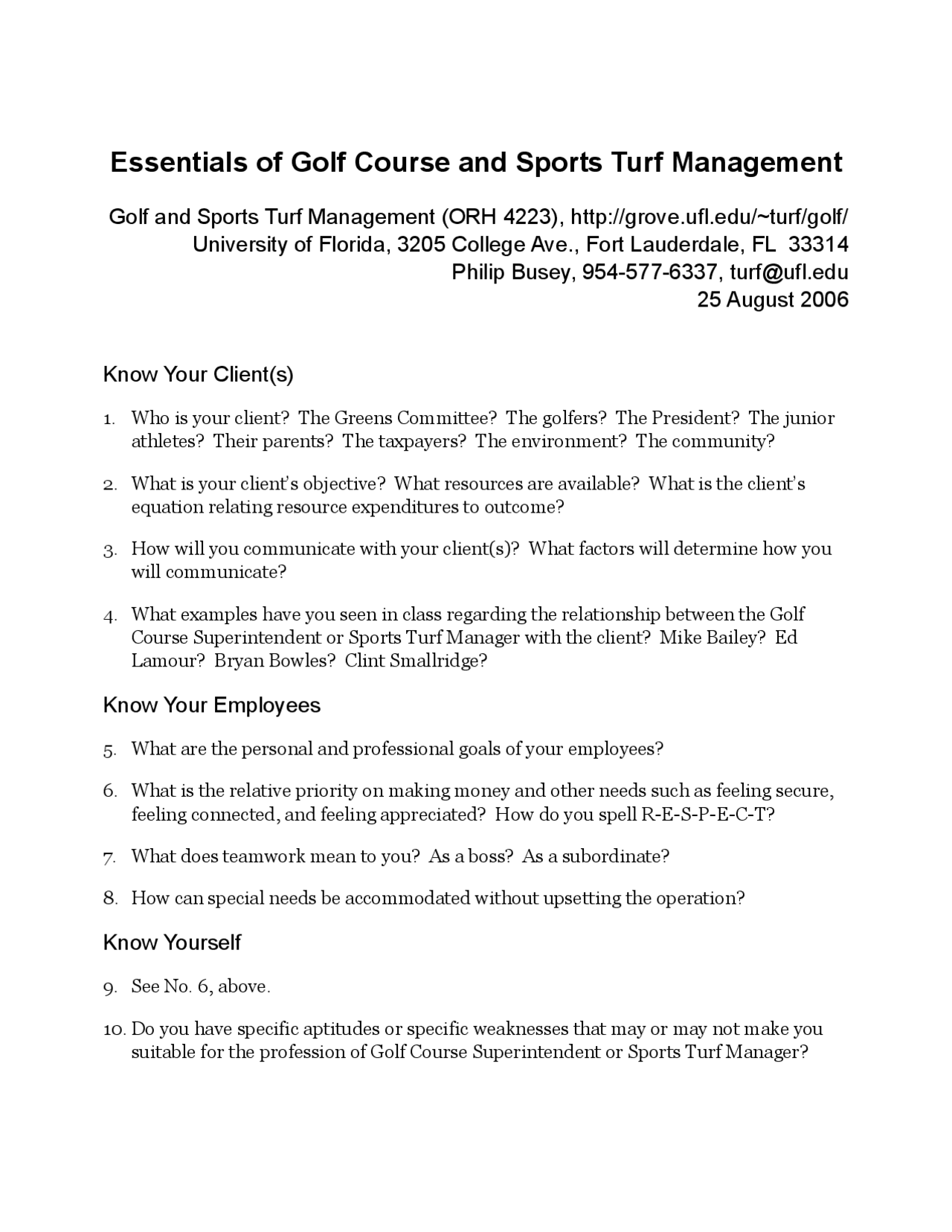 Essentials of Golf Course and Sports Turf Management ORH 4223 Docsity