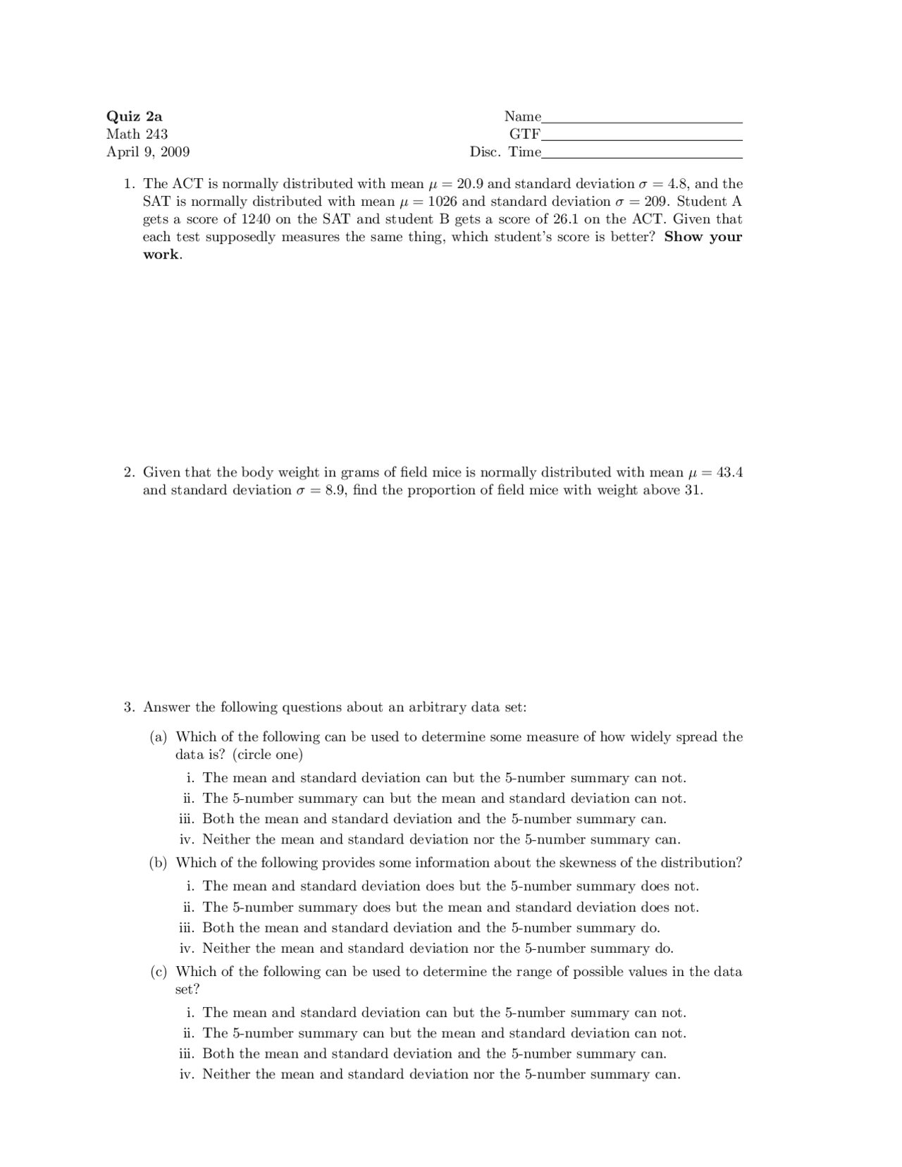 Data Analysis Math Quiz Quiz 2A Questions for Statistics and Data Analysis | MATH 243 | Quizzes ...