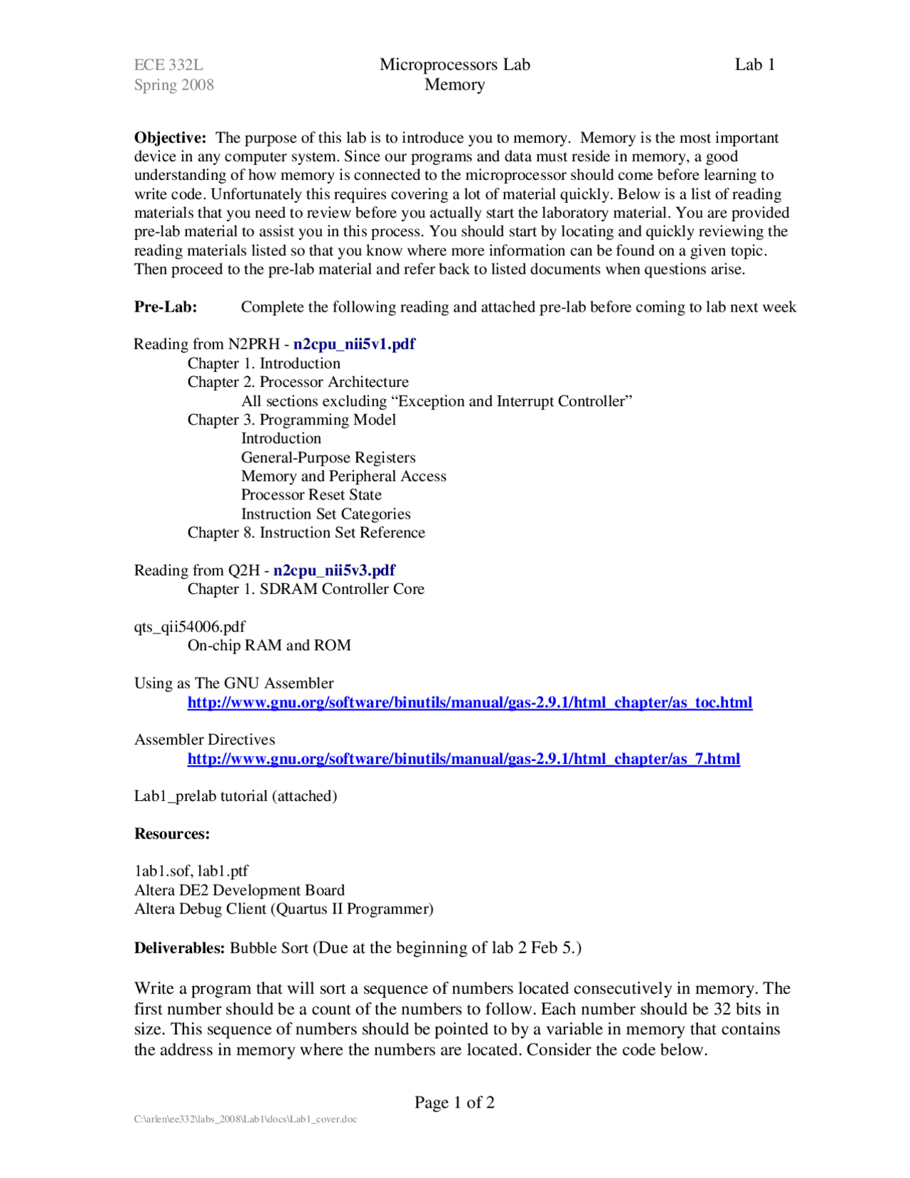 Microprocessors Laboratory 1 Memory Spring 2008 ECE 332 Lab
