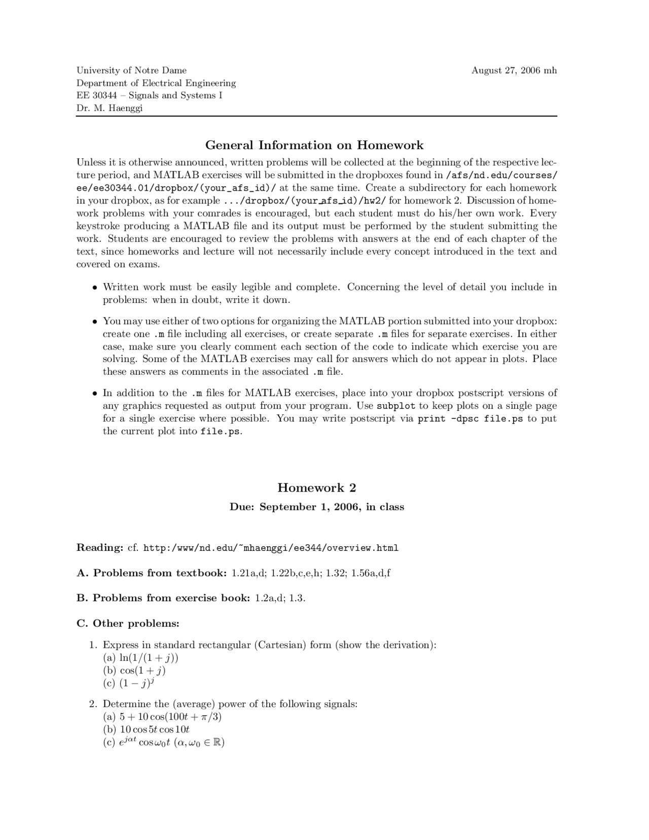 Signals and Systems I - General Information on Homework | EE 30344 ...