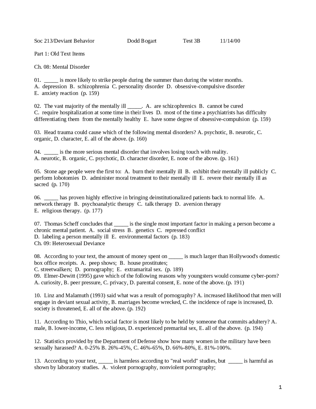 Practice Exam 3 - Deviant Behavior - Fall 2000 | SOC 213 - Docsity