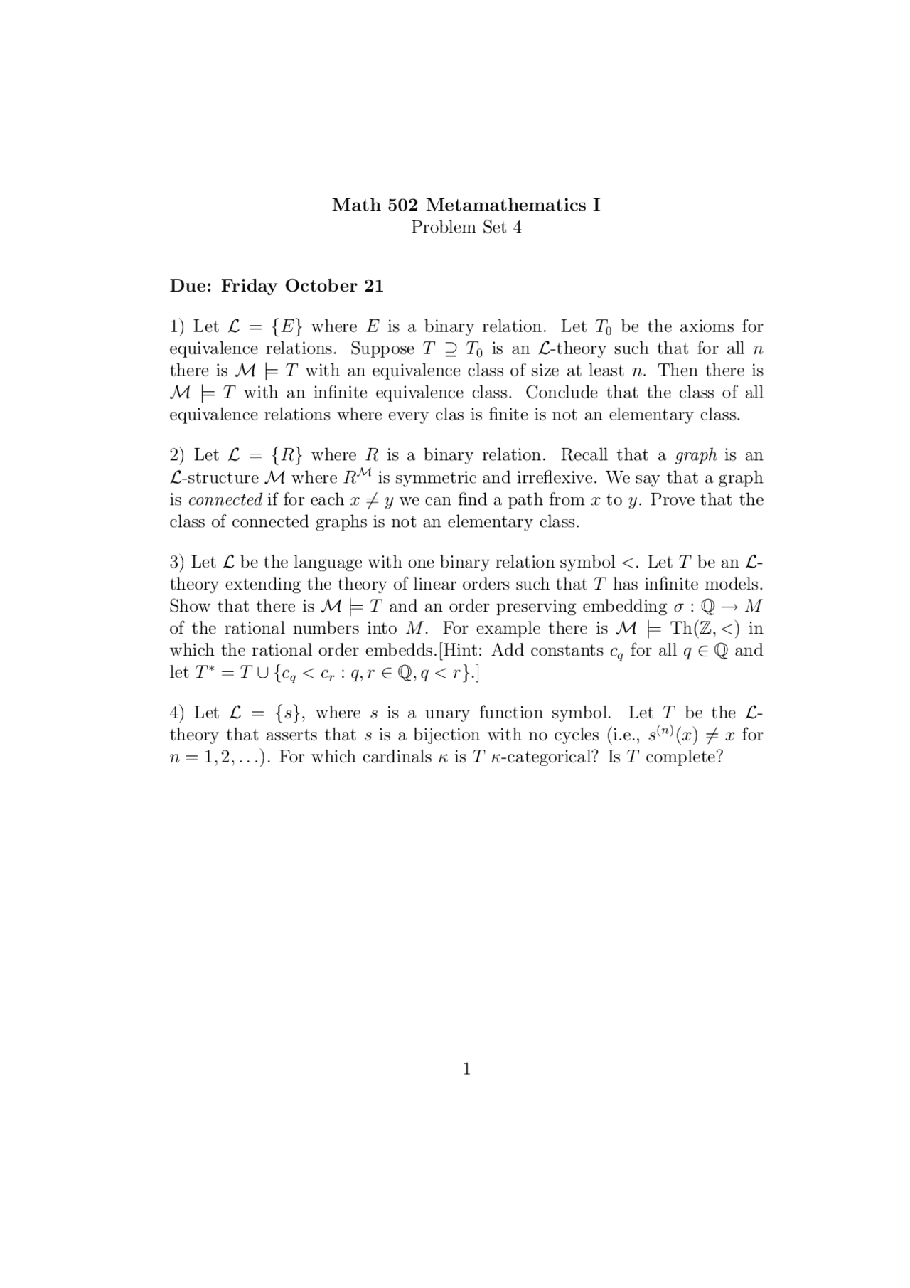 4 Problems On Metamathematics I Assignment 4 Math 502 Docsity