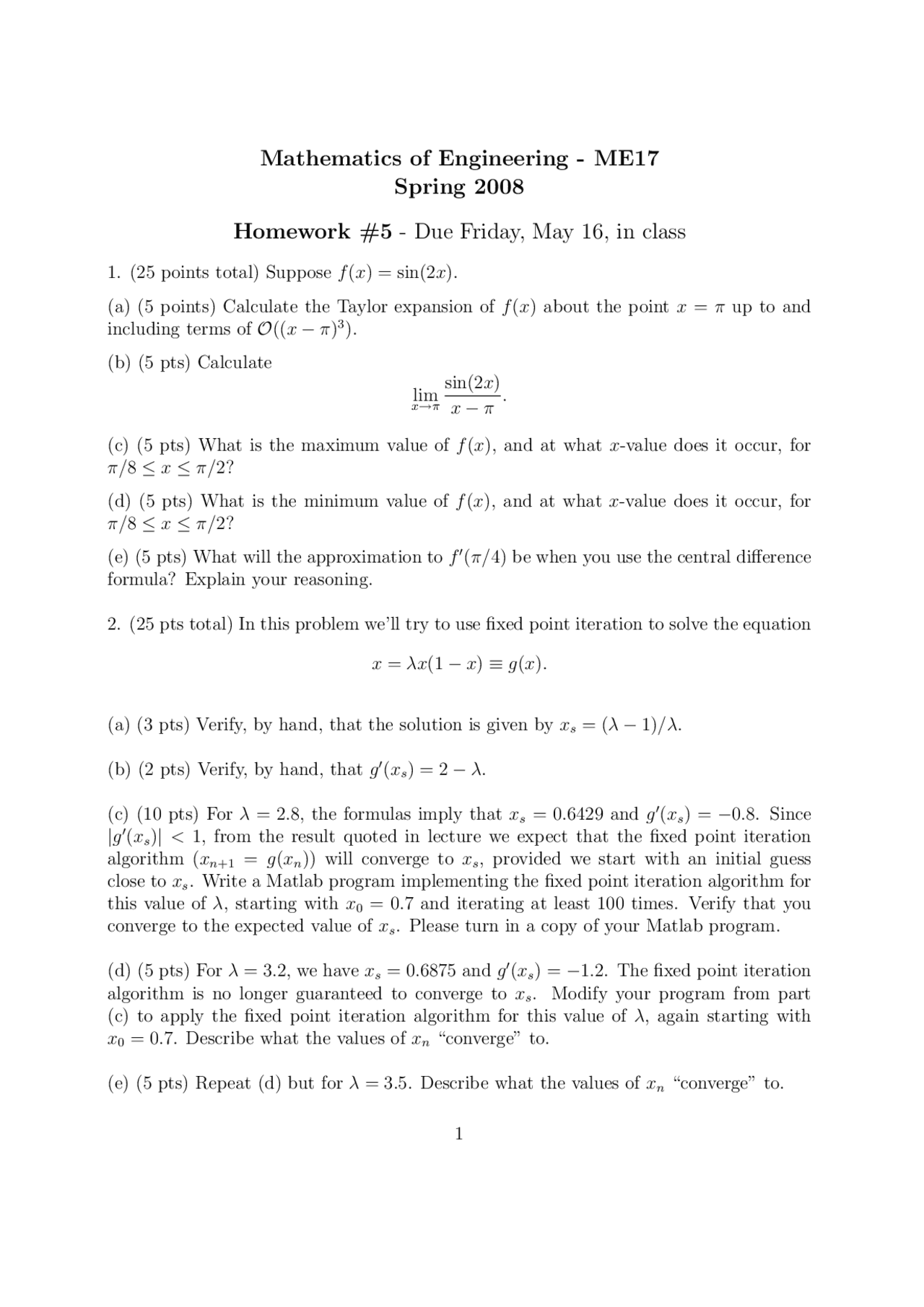 Mathematics of Engineering - Homework 5 Questions | ME 17 - Docsity