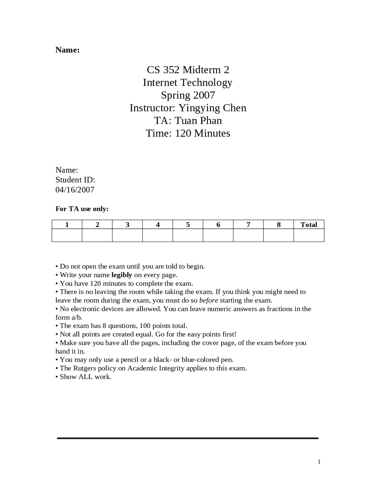 7 Solved Problems on Internet Technology - Midterm Exam | 192 200 - Docsity