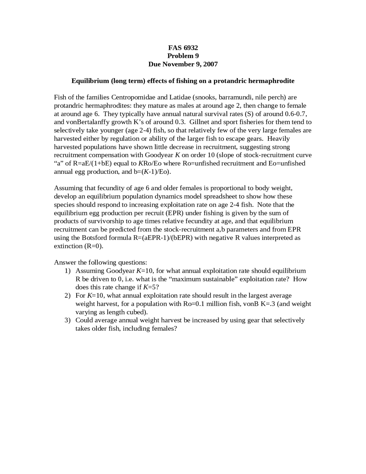 Equilibrium Effects of Fishing on a Protandric Hermaphrodite | FAS 6932 ...