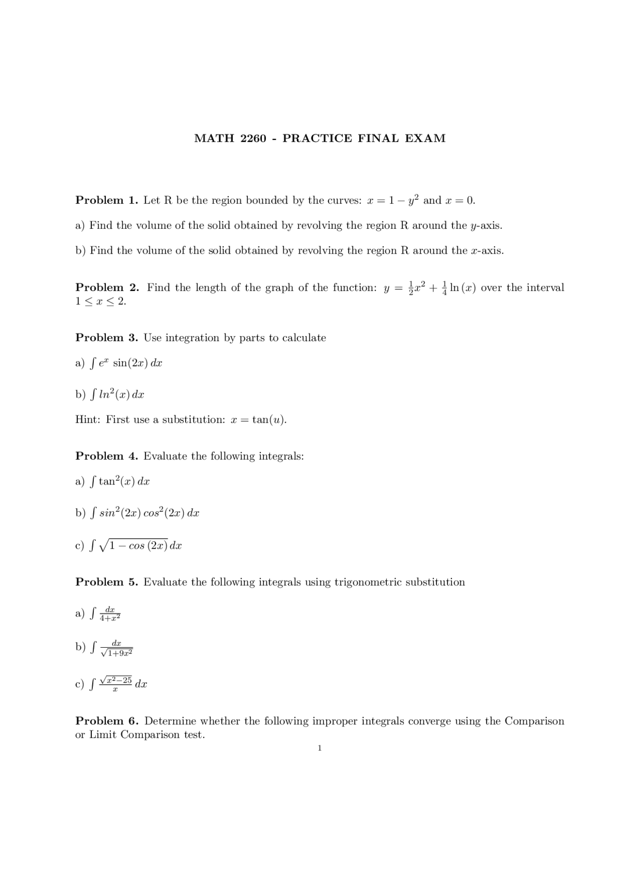 Calculus II for Science and Engineering Practice Final Exam MATH 2260 Docsity