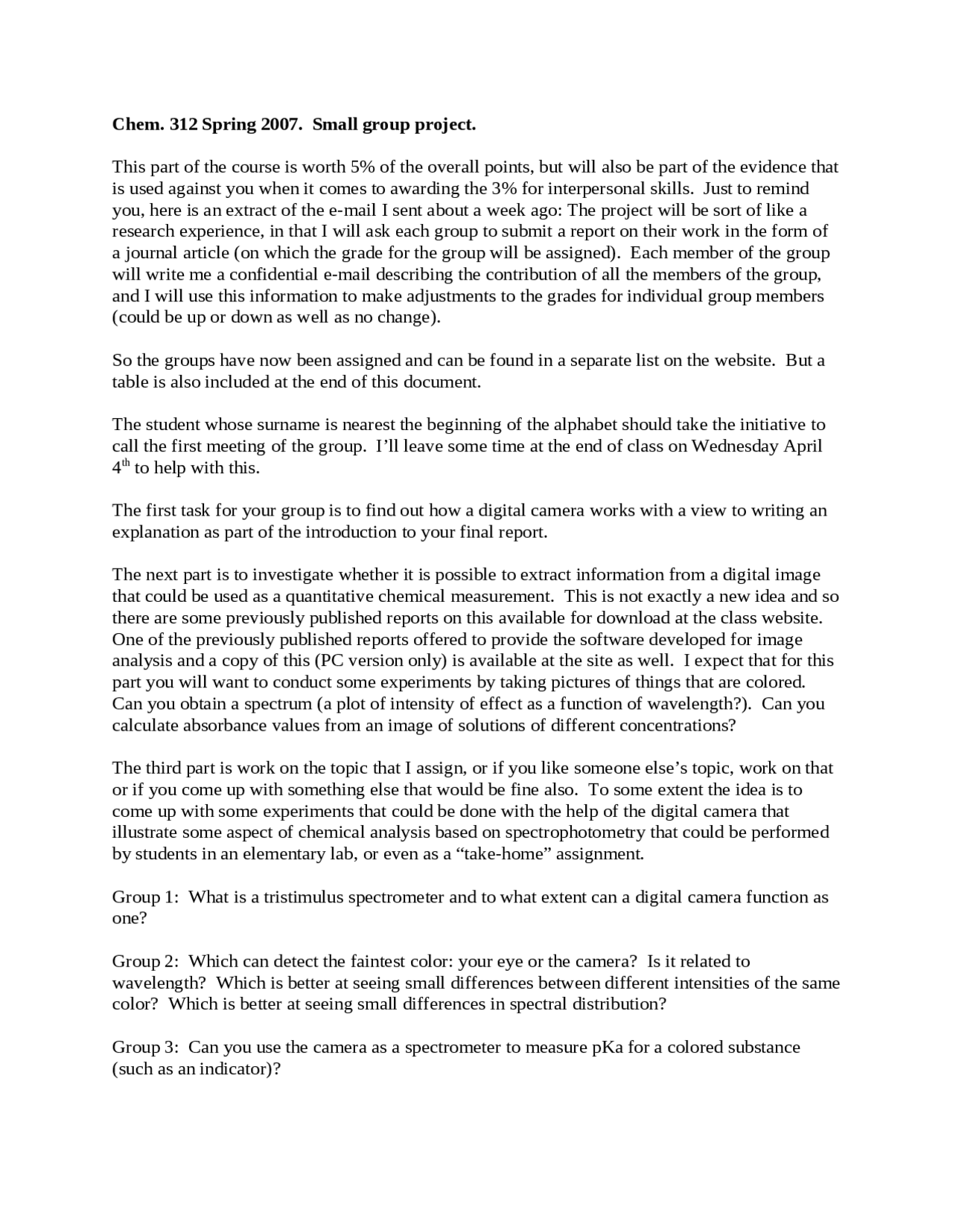 Small Group Project on Analytical Chemistry | CHEM 312 - Docsity