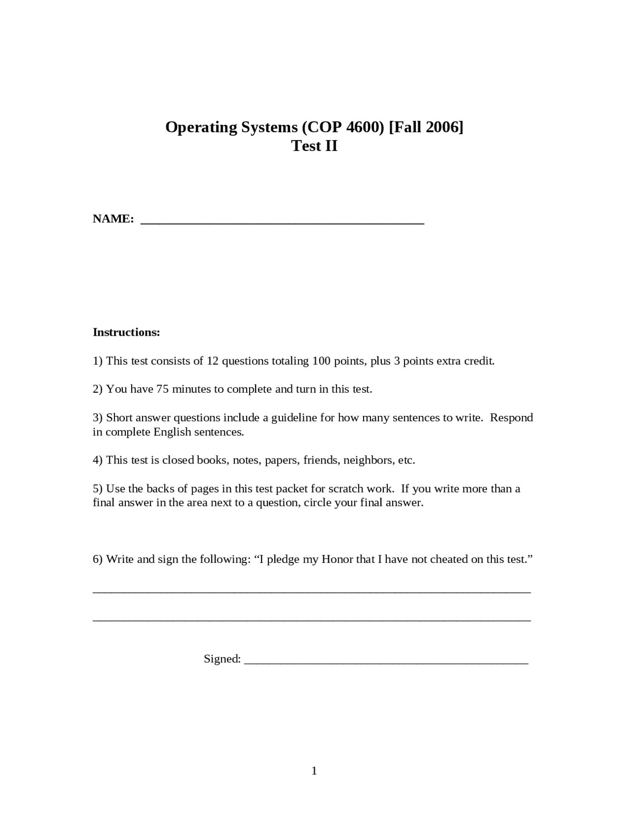 Test 2 Questions | Operating Systems 2006 | COP 4600 | Exams Operating ...