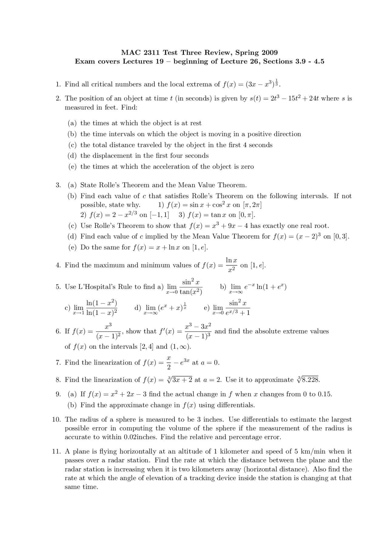 Analytical Geometry and Calculus I - Test 3 Review Sheet | MAC 2311 ...