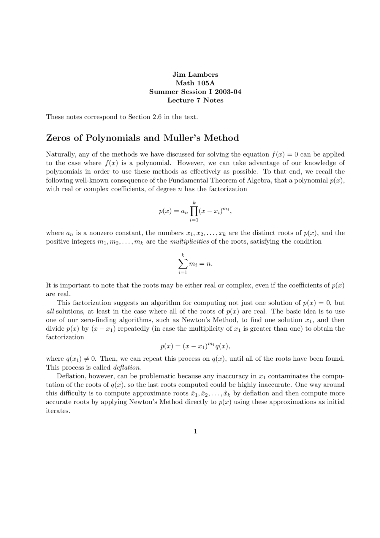 Notes On Zeros Of Polynomials And Mullers Method Math 105a Docsity