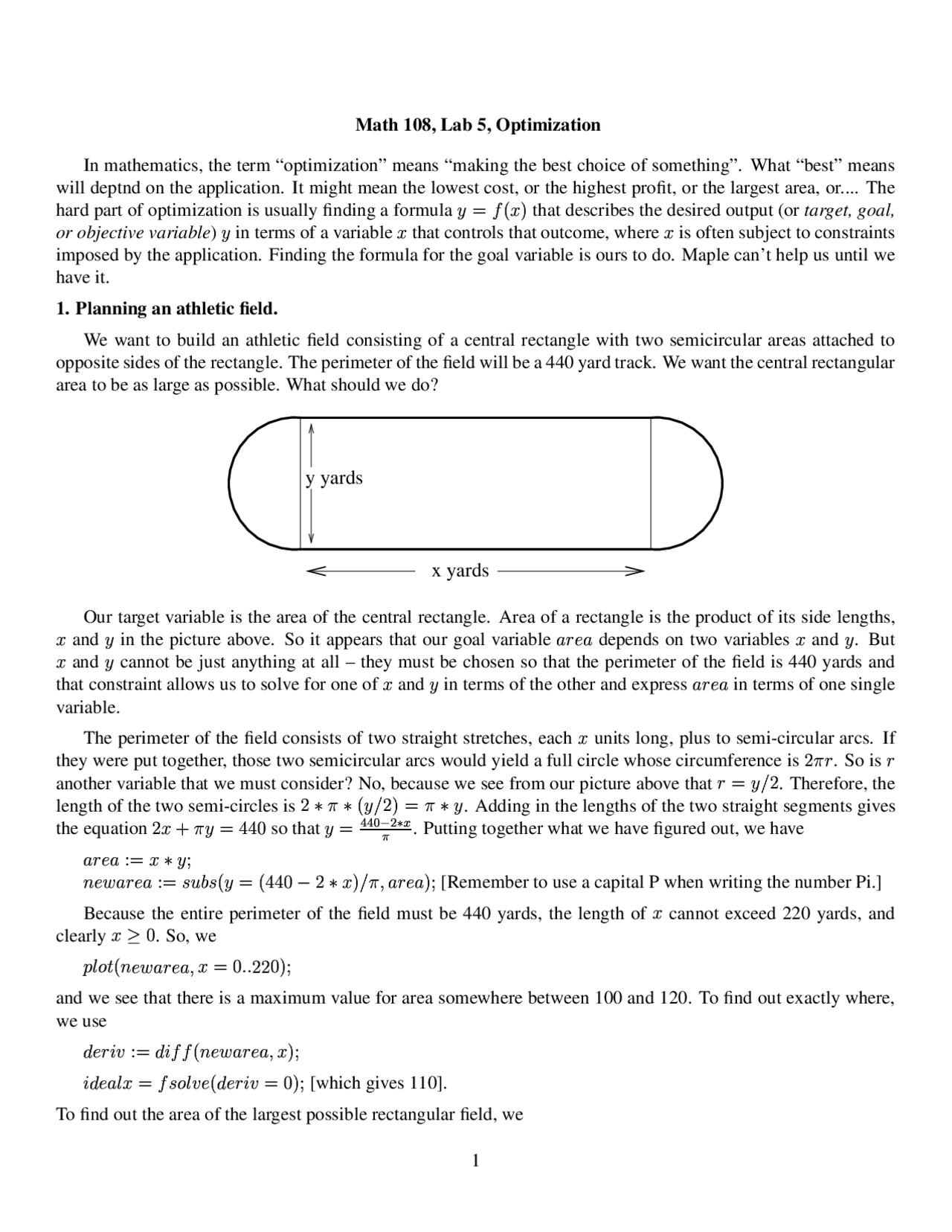 Lab 5, Optimization - Calculus: Concept and Applications | MATH 108 ...