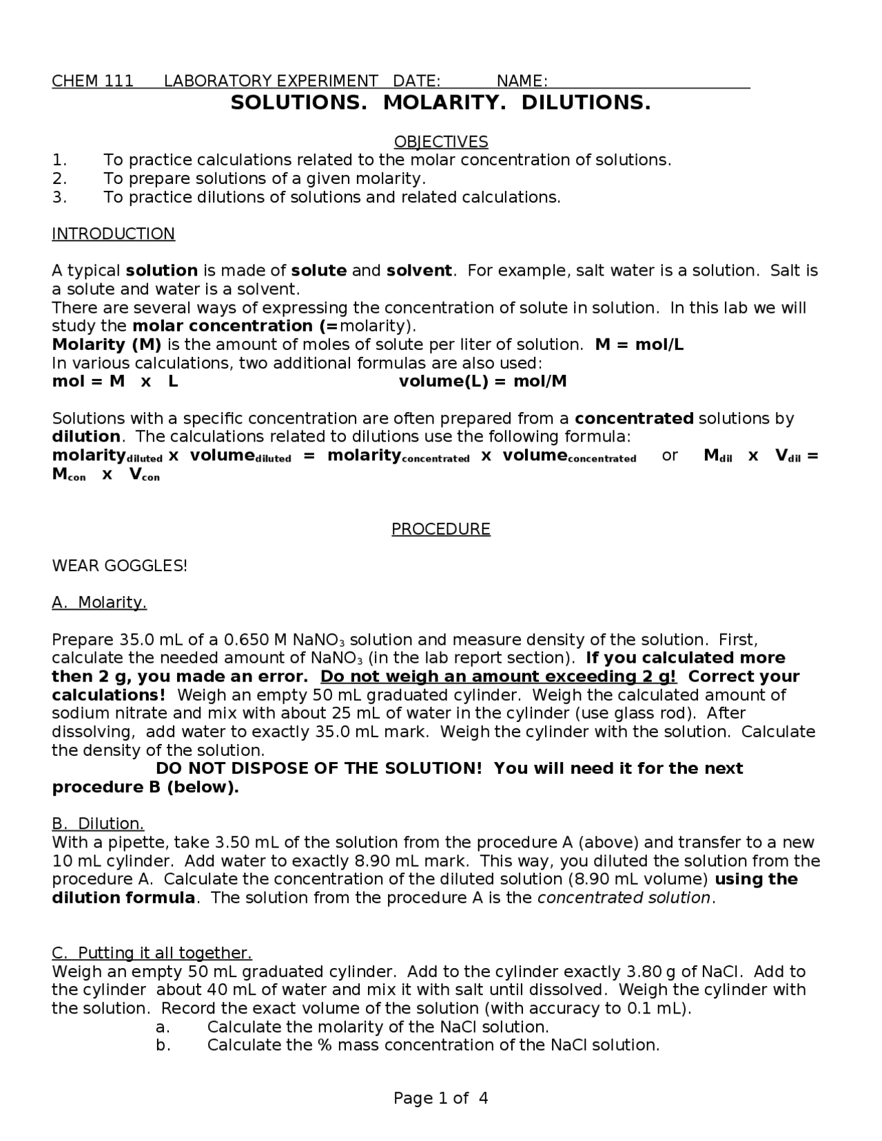 Solutions, Molarity, Dilutions - Lab Experiment | CHEM 111 | Lab ...