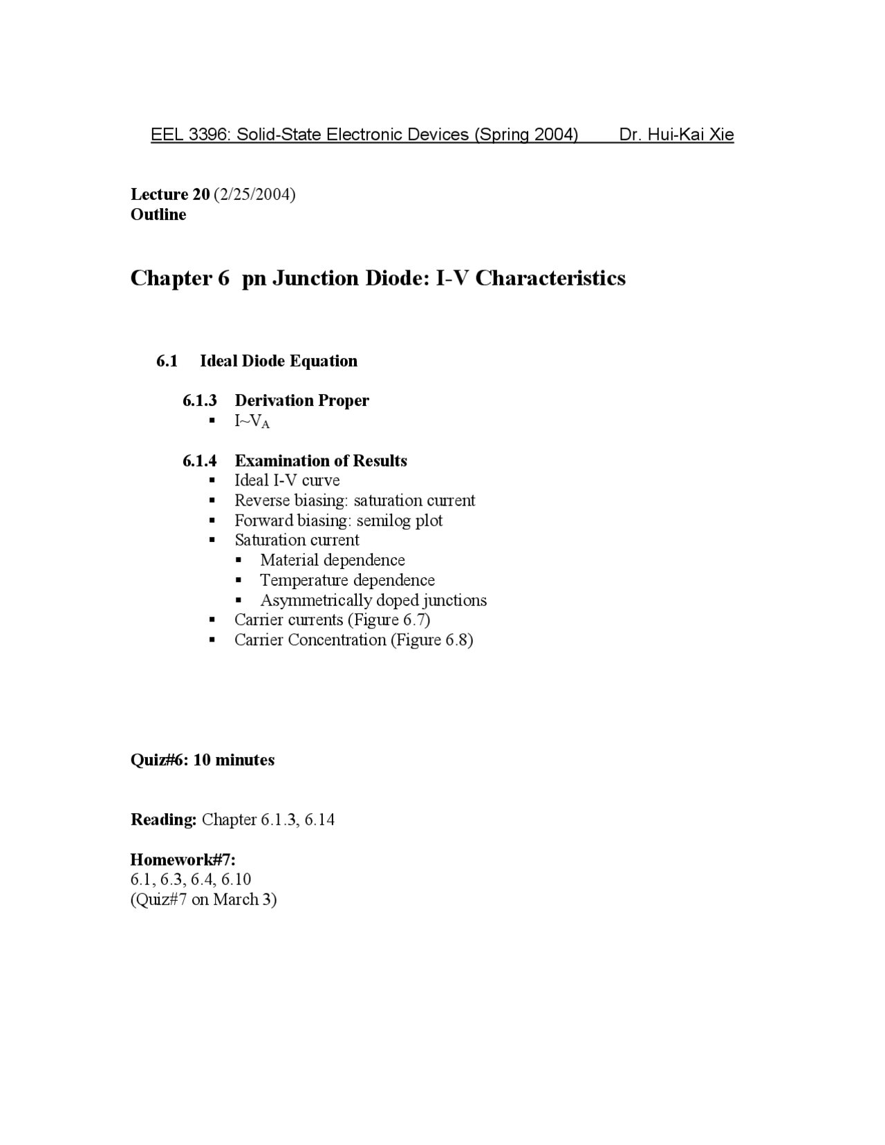 The Solid State Electronic Devices - Quiz 6 | EEL 3396 - Docsity
