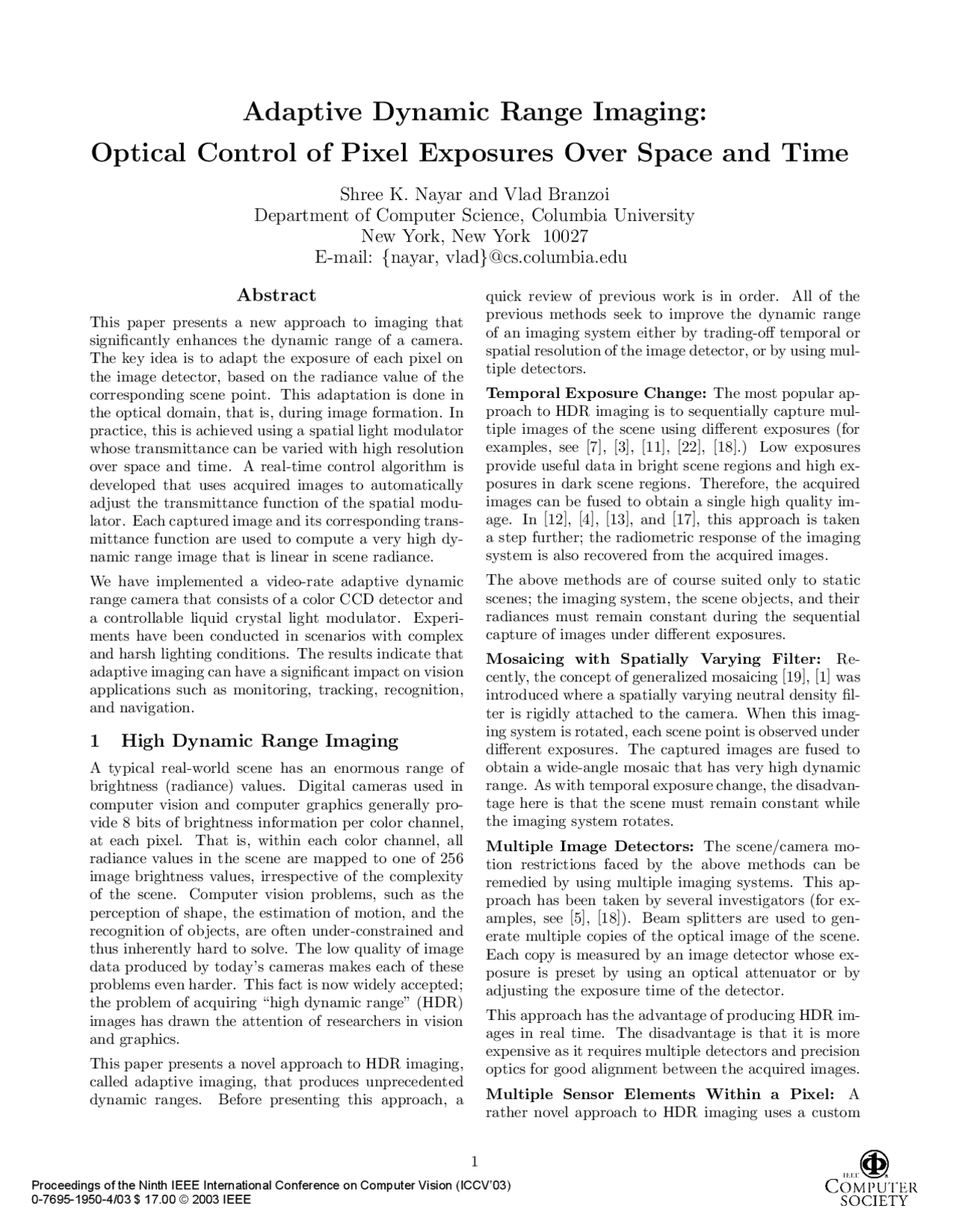 Adaptive Dynamic Range Imaging: Optical Control of Pixel Exposures Over ...