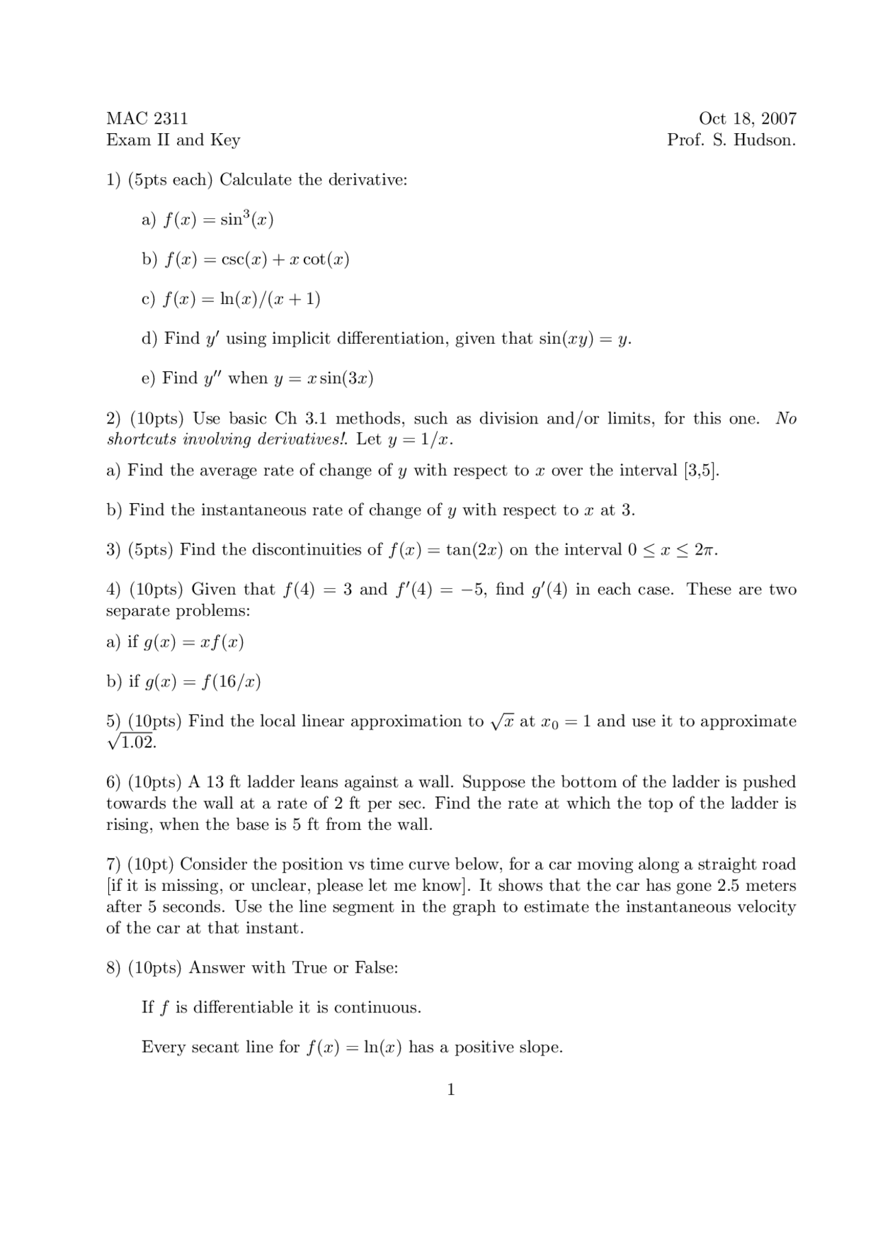 10 Problems on Calculus l - Examination | MAC 2311 - Docsity