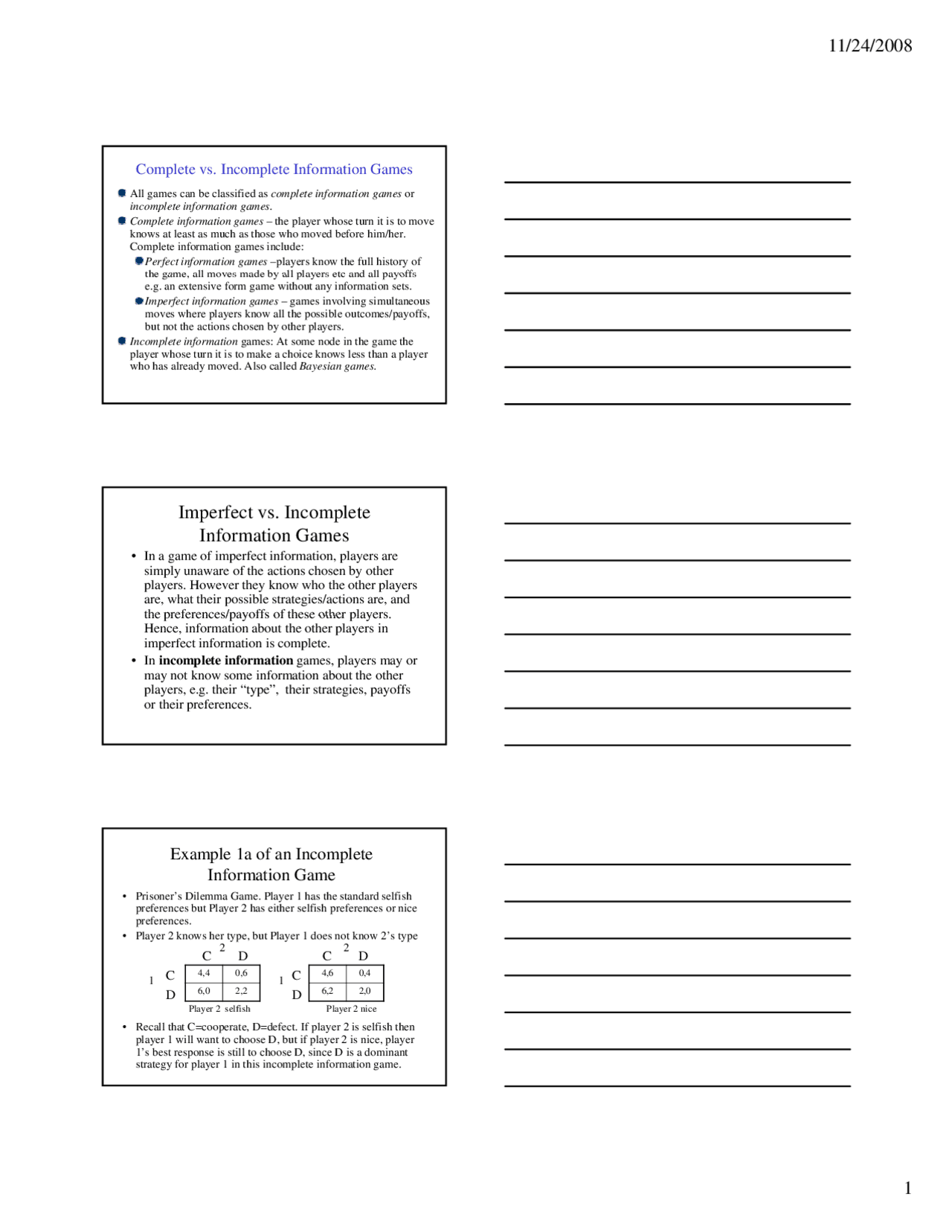 Incomplete Informaton Complete and Incomplete Information Games - Lecture Slides | ECON 1200 ...