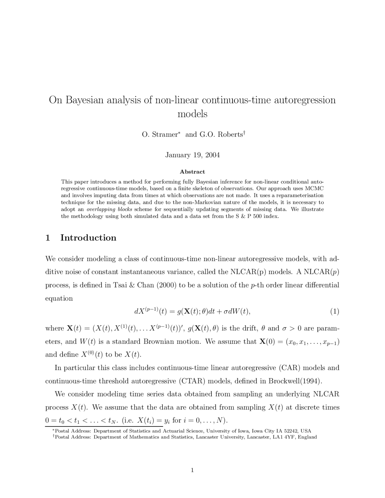 On Bayesian Analysis of Nonlinear Continuous-Time Autoregressive Models ...