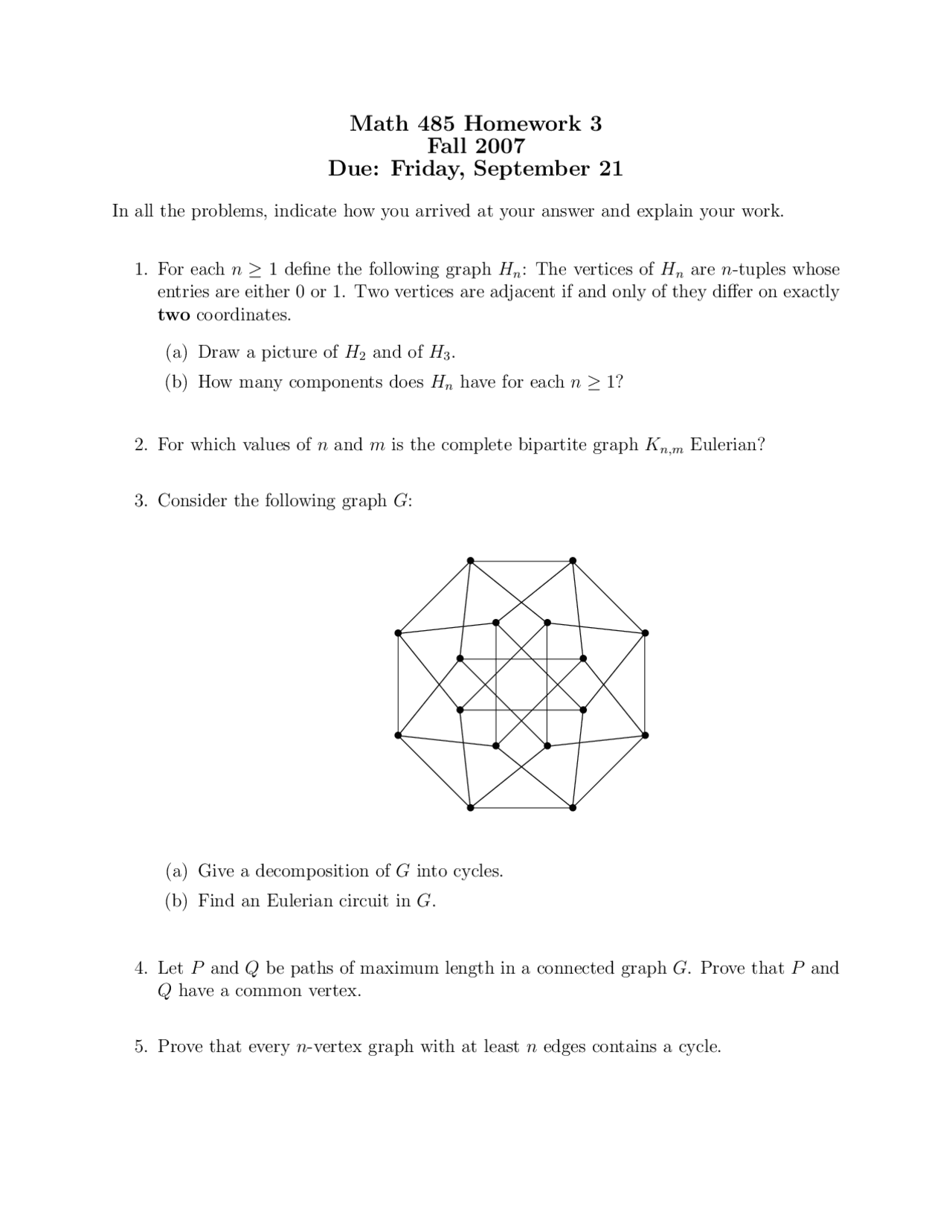 Homework 3 with 5 Practice Problems on Graph Theory | MATH 485 - Docsity