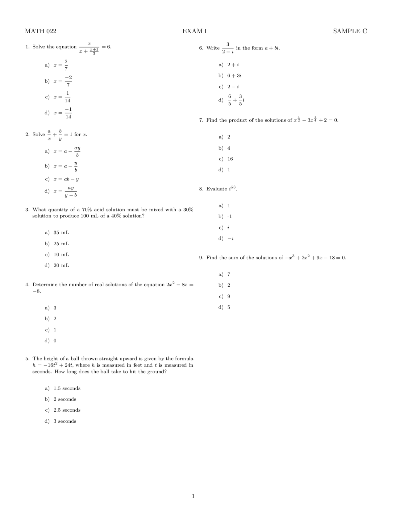 Exam 1 - Sample C - College Algebra | MATH 022 - Docsity