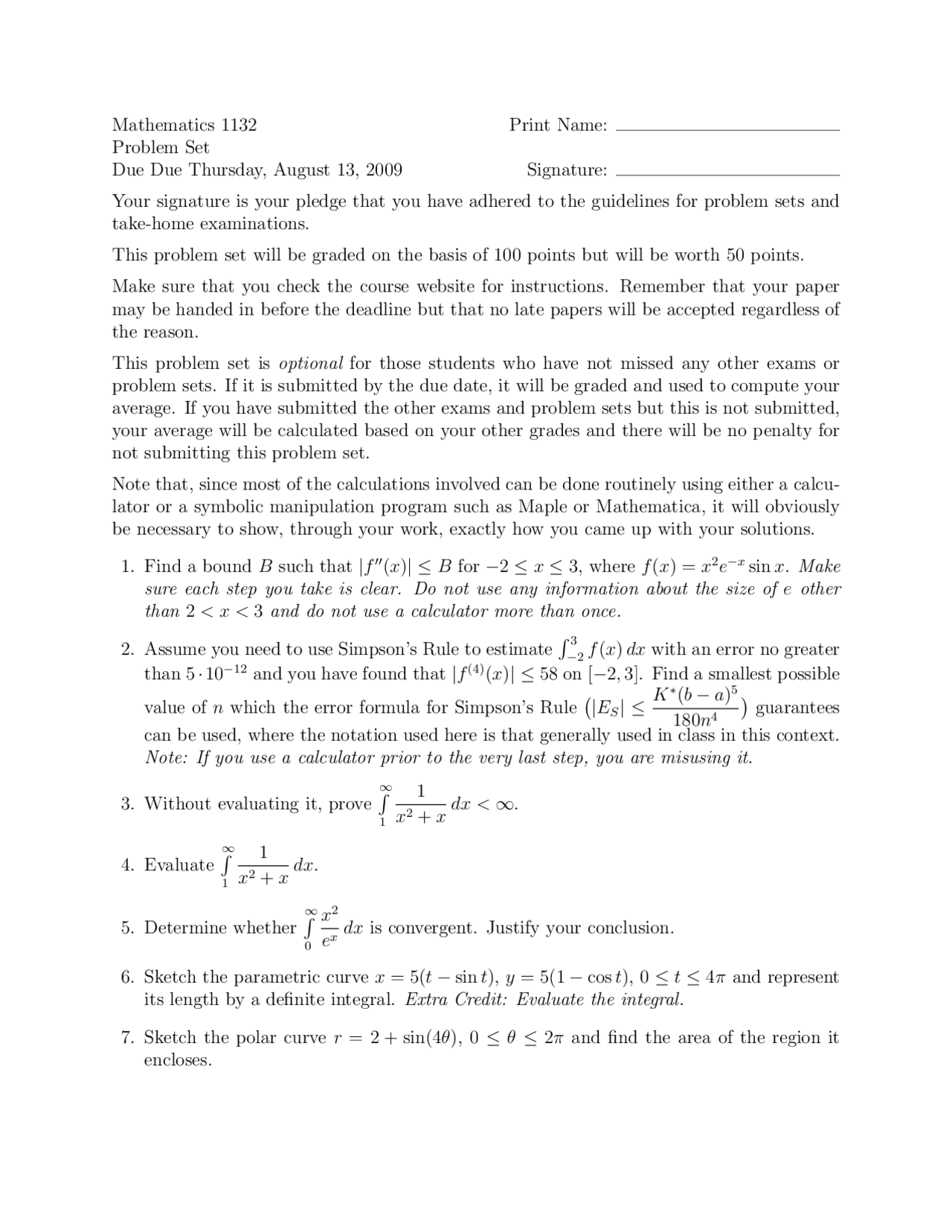 7 Questions on Calculus II - Assignment | MATH 1132 - Docsity