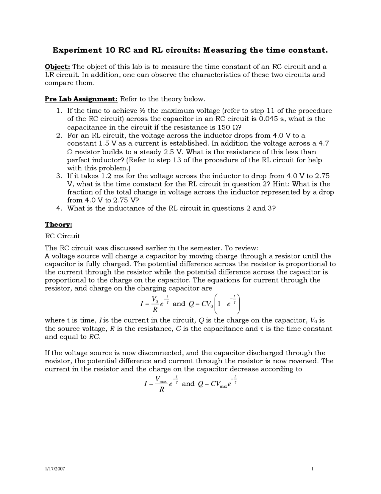 RC and RL Circuits - Experiment 10 | PHYS 212 - Docsity