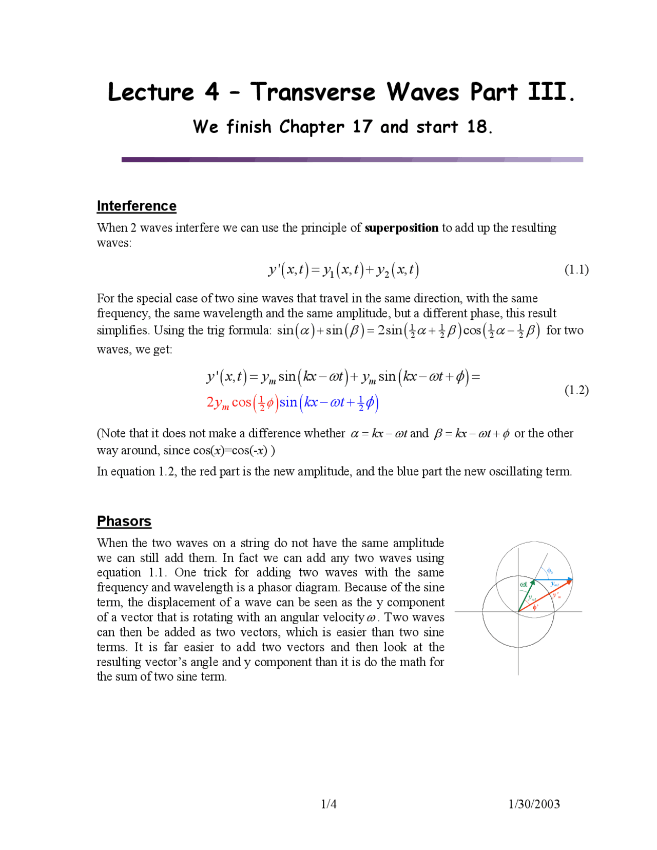 Lecture Notes on Transverse Waves - General Physics II | PHYS 408 - Docsity