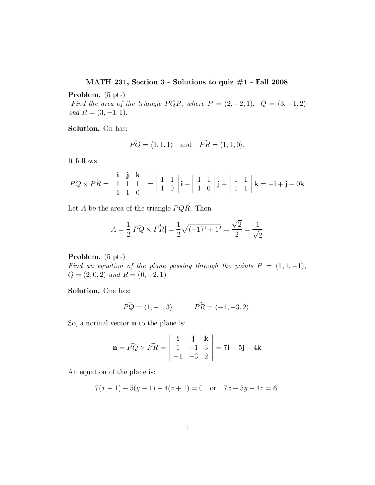 Find Area of Triangle, Equation of Plane Quiz Solution MATH 231