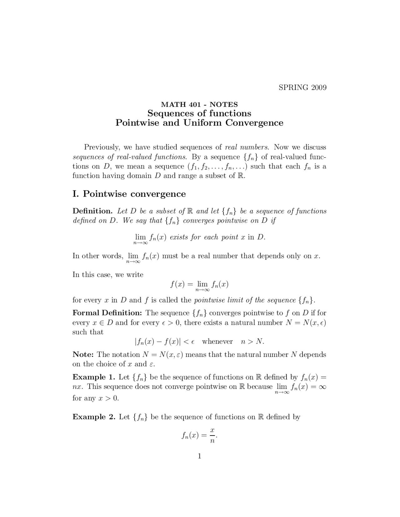 Sequences of Functions - Pointwise and Uniform Convergence | MATH 401 ...