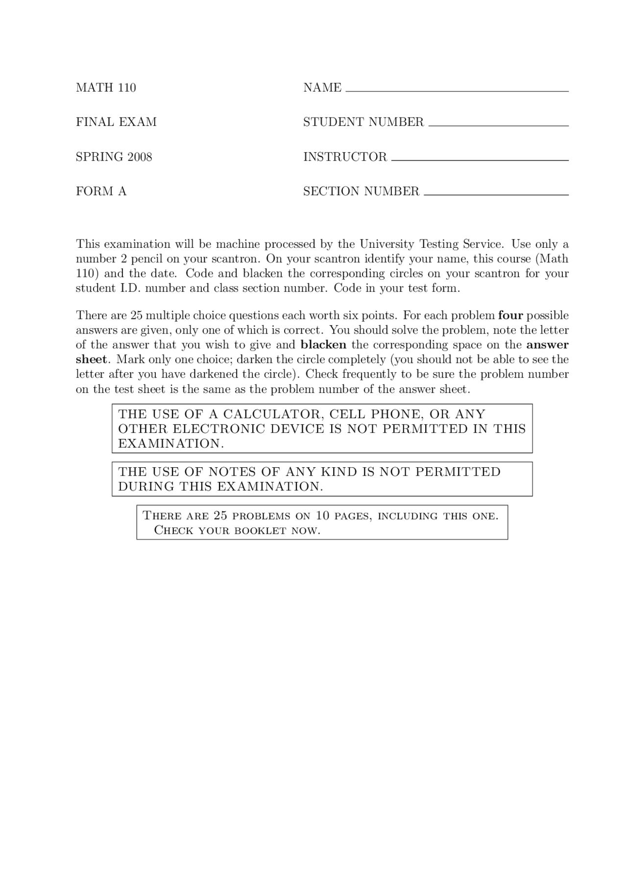 Techniques of Calculus I - Final Exam Form A - Spring 2006 | MATH 110 ...