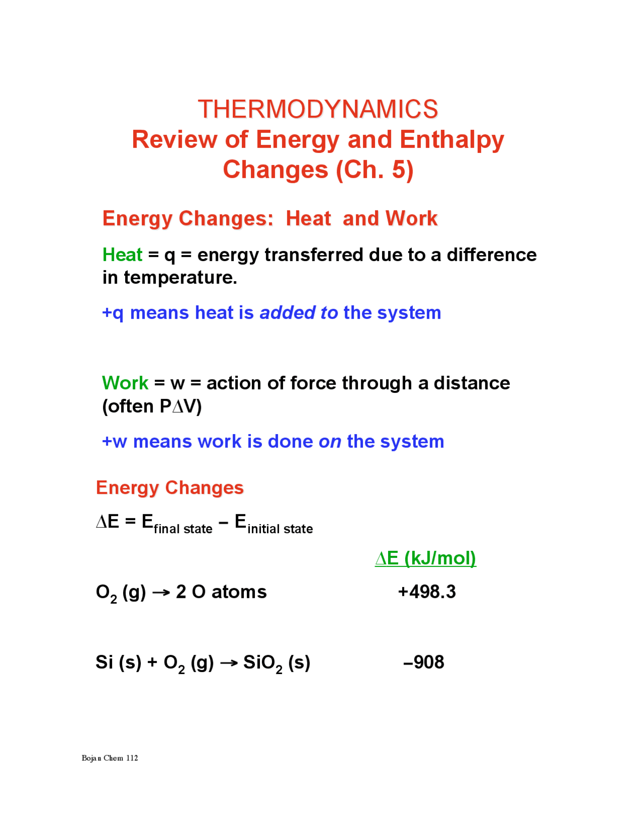 Review of Energy and Enthalpy Changes | CHEM 112 - Docsity