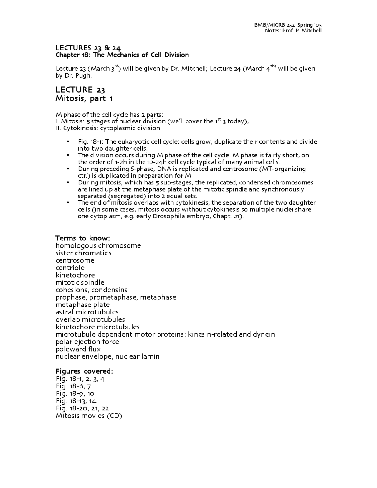 The Mechanics of Cell Division - Lecture Notes | MICRB 252 - Docsity