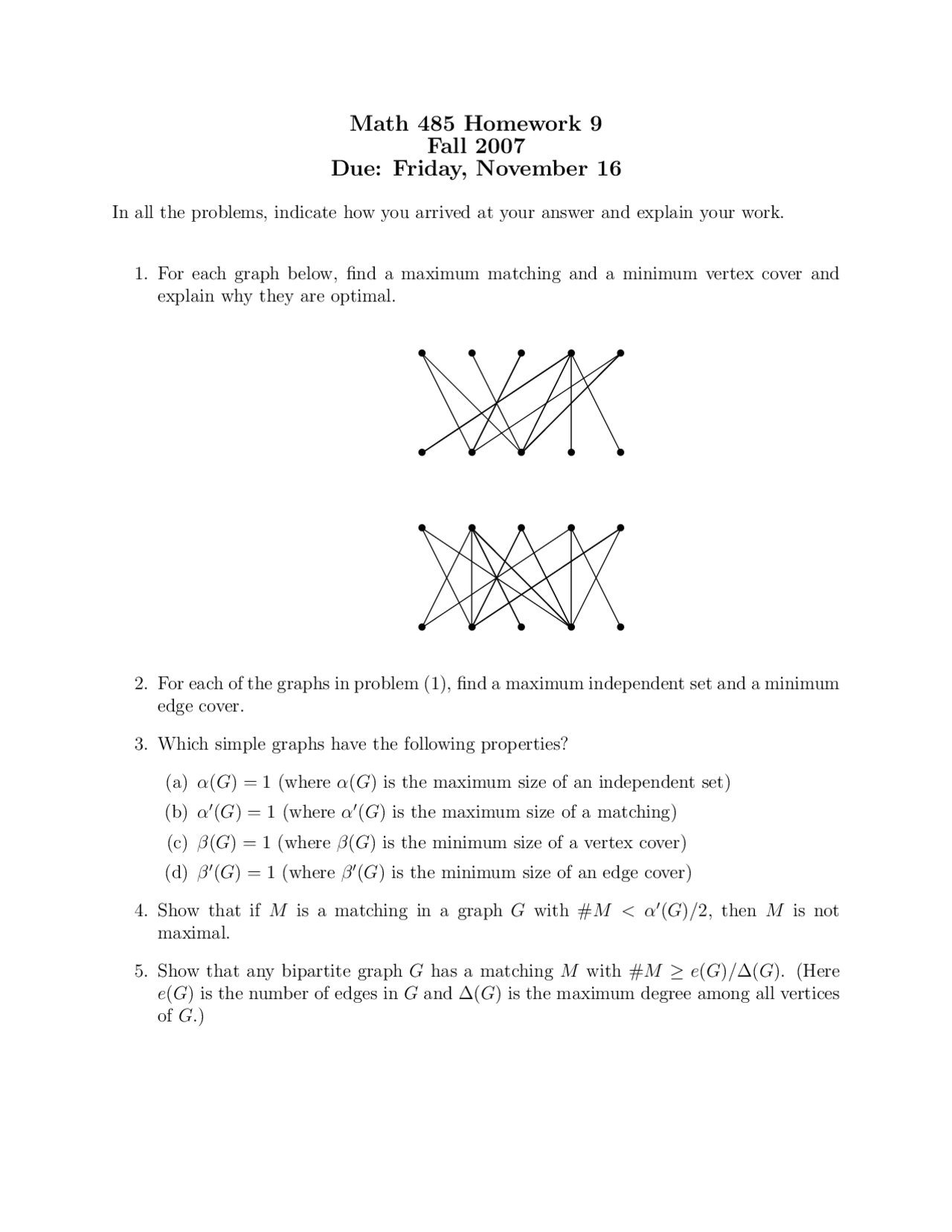 Graph Theory - Homework 9 with 5 Practice Problems | MATH 485 - Docsity