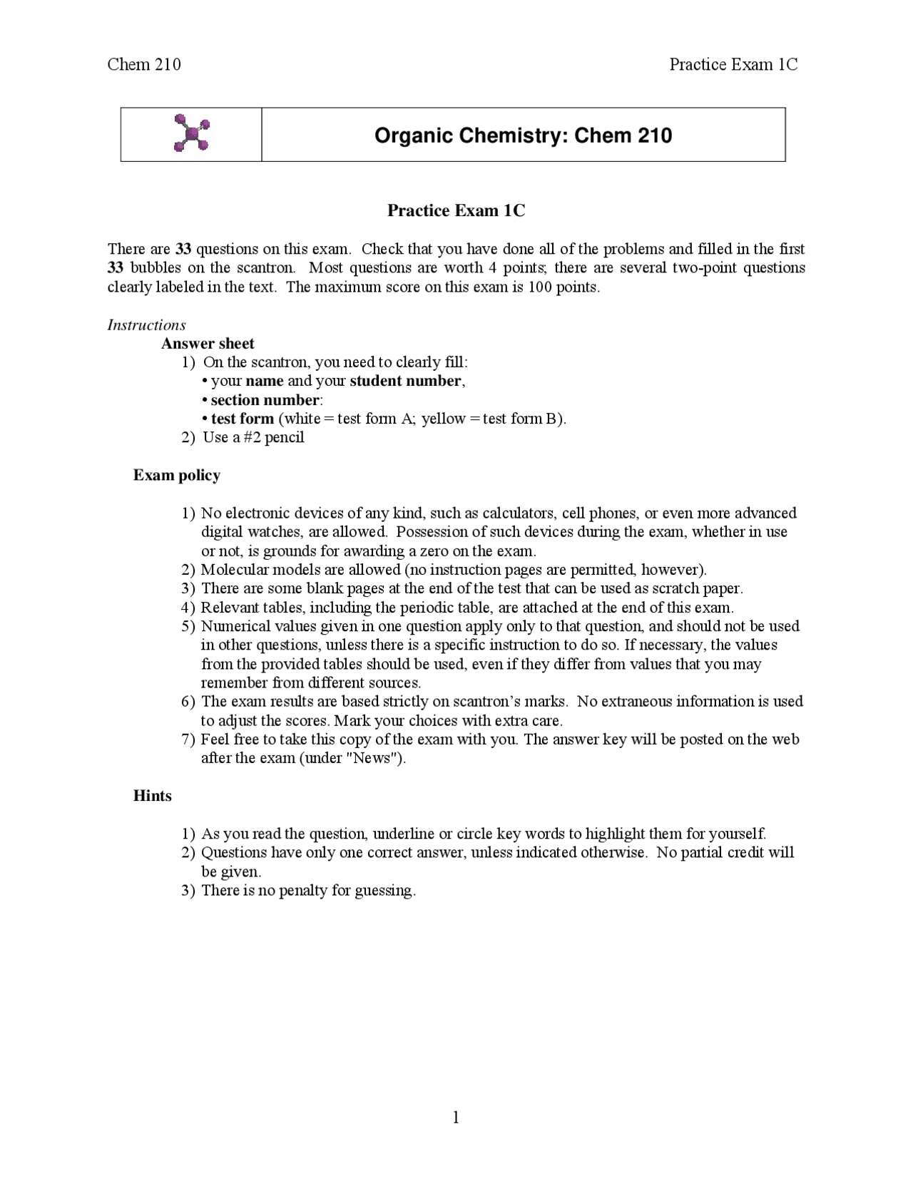 Solved Problems in Test 1 on the Organic Chemistry I | CHEM 210 - Docsity