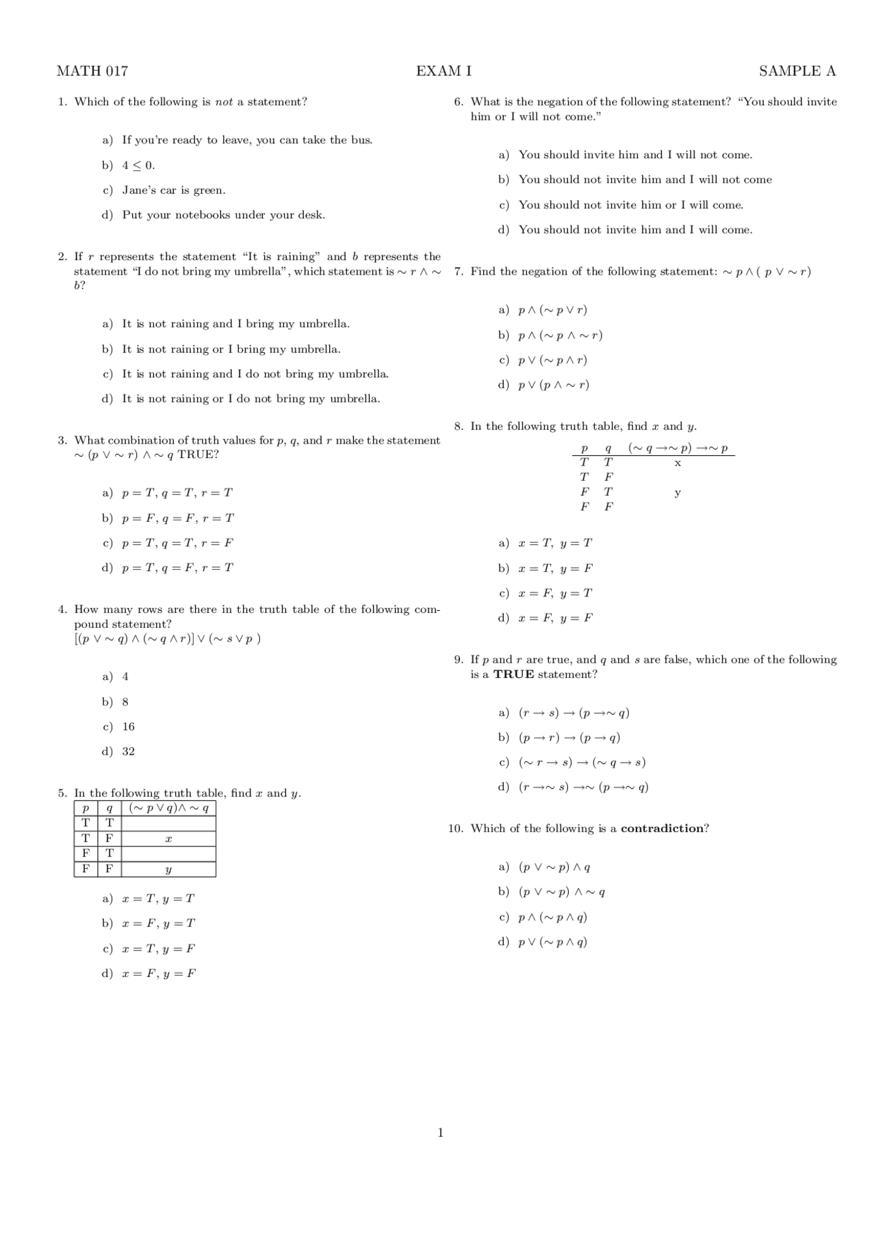 Finite Math Test Question Example 20 Solved MCQs on Finite Mathematics - Exam 1 | MATH 017 - Docsity