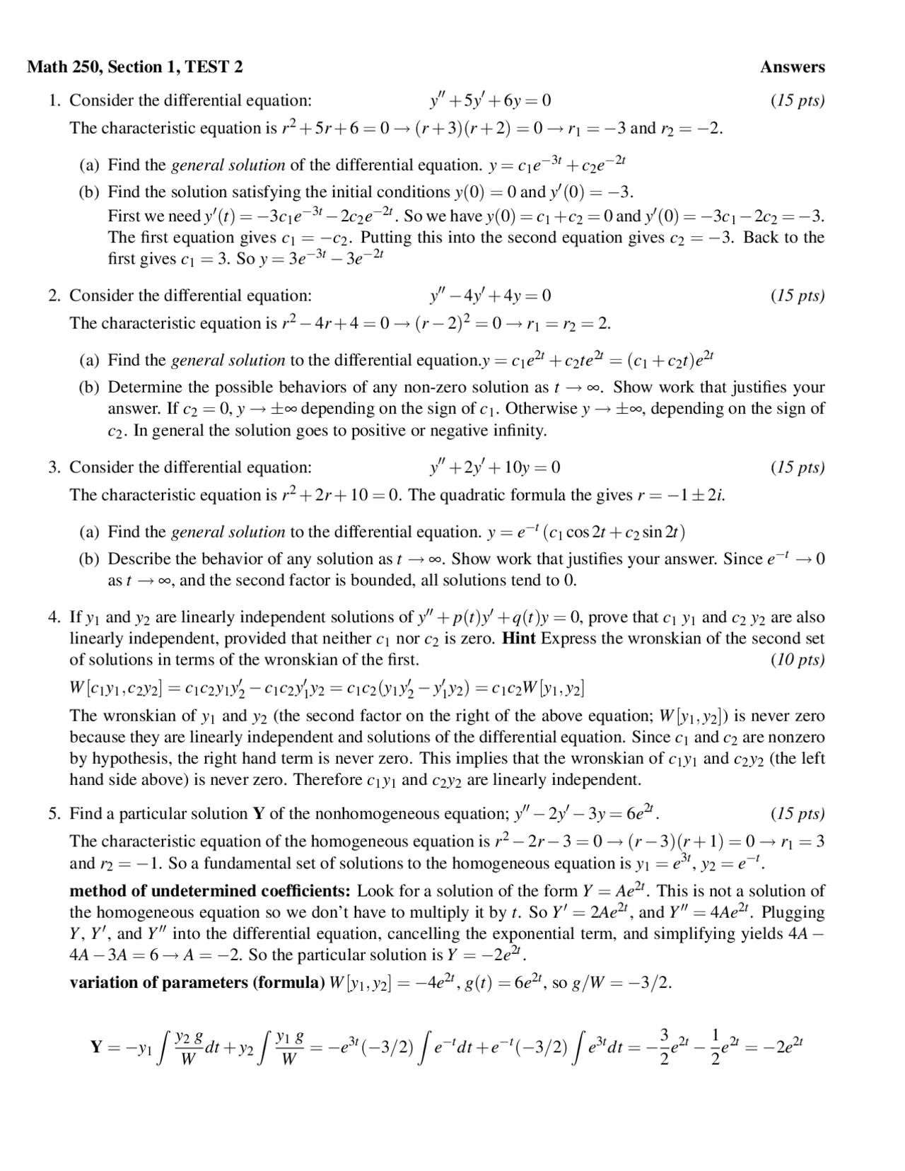 Test 2 Solution - Ordinary Differential Equations | MATH 250 - Docsity