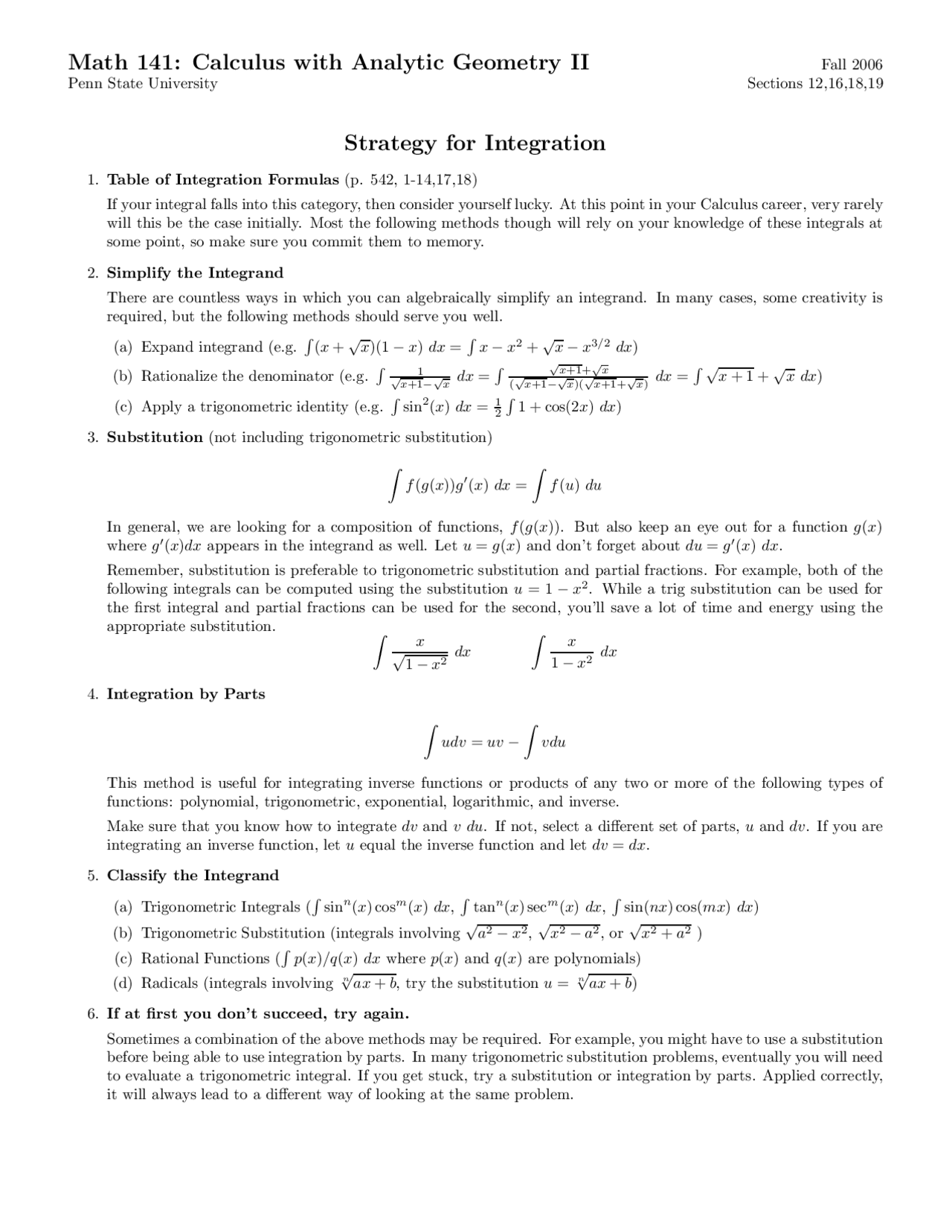 Strategy For Integration Lecture Notes Math 141 Docsity Strategy For Integration Lecture Notes Math 141 Docsity