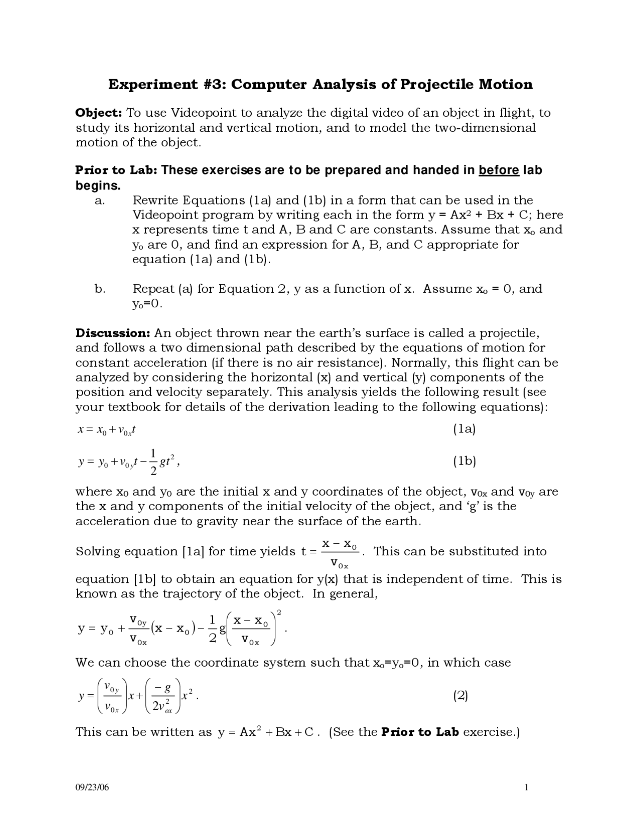Computer Analysis of Projectile Motion - Experiment 3 | PHYS 211 - Docsity