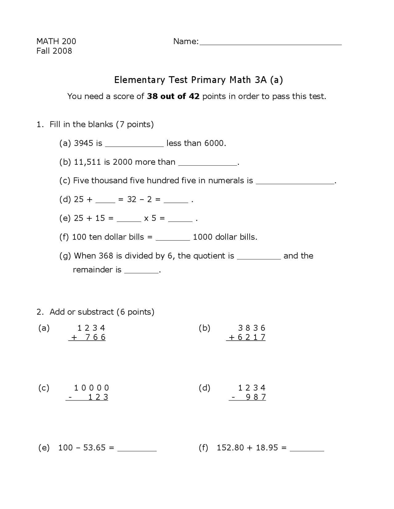 Sample Test 3A - Problem Solving in Mathematics | MATH 200 - Docsity