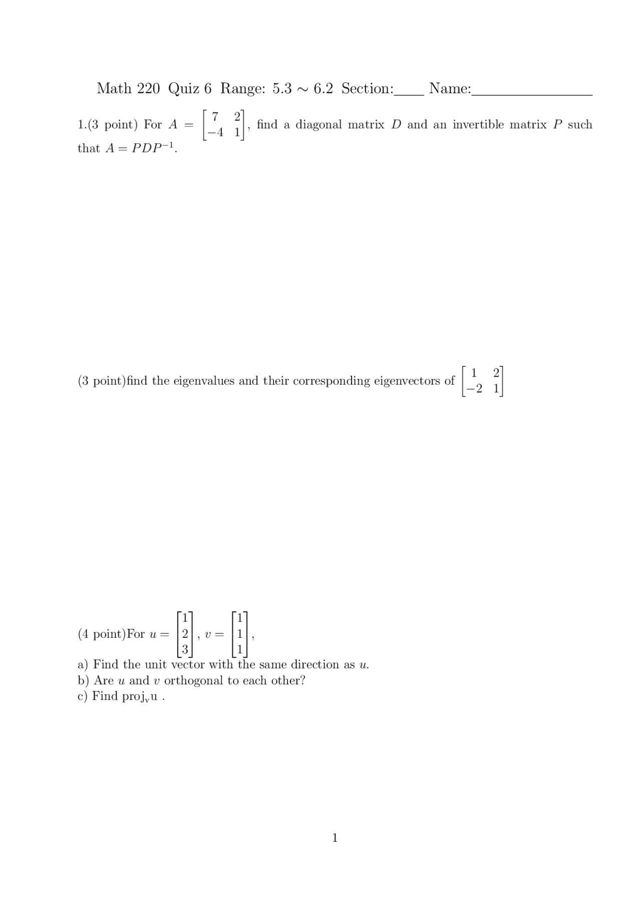4 Unsolved Questions Quiz 6 - Matrices | MATH 220 - Docsity