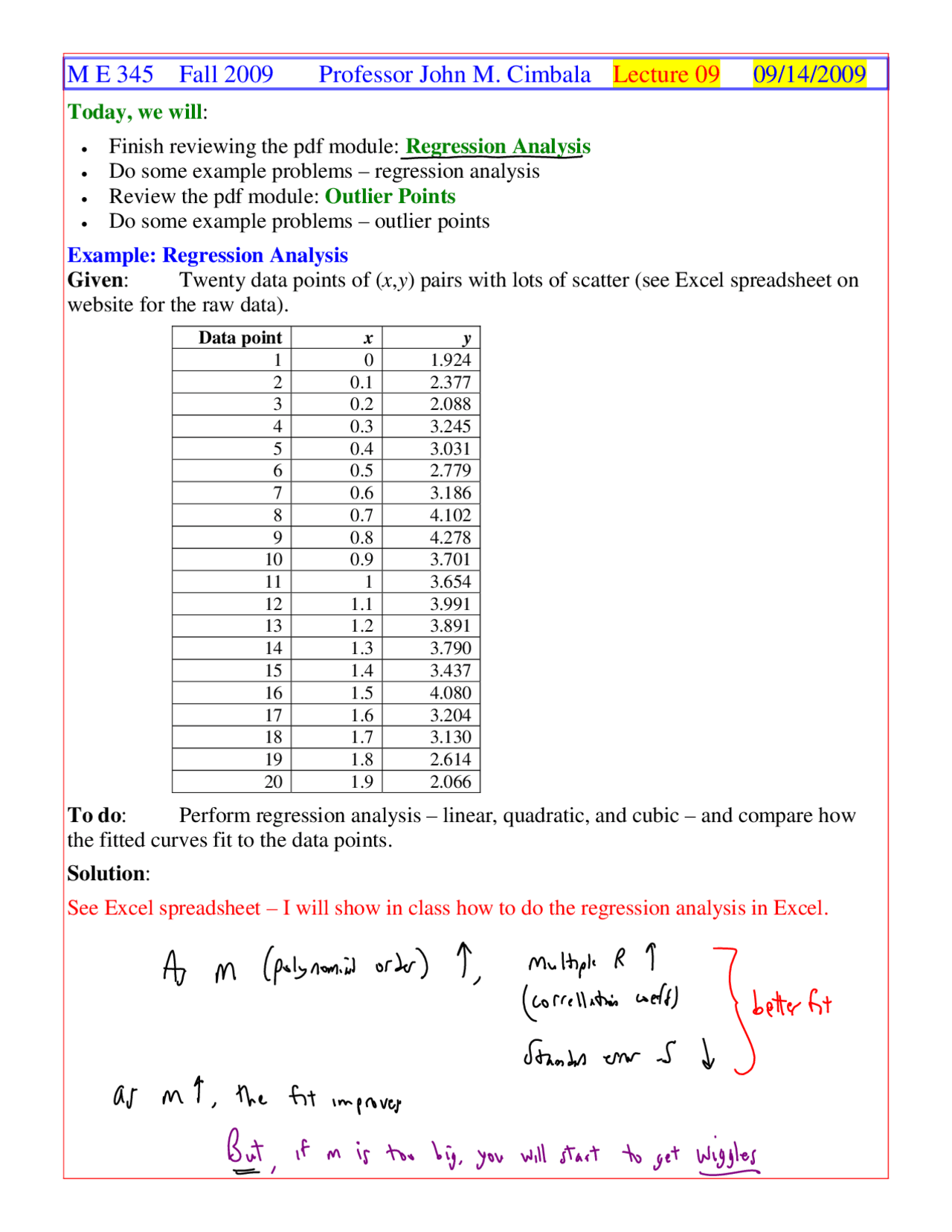 Regression Analysis - Example with Solutions | M E 345 - Docsity