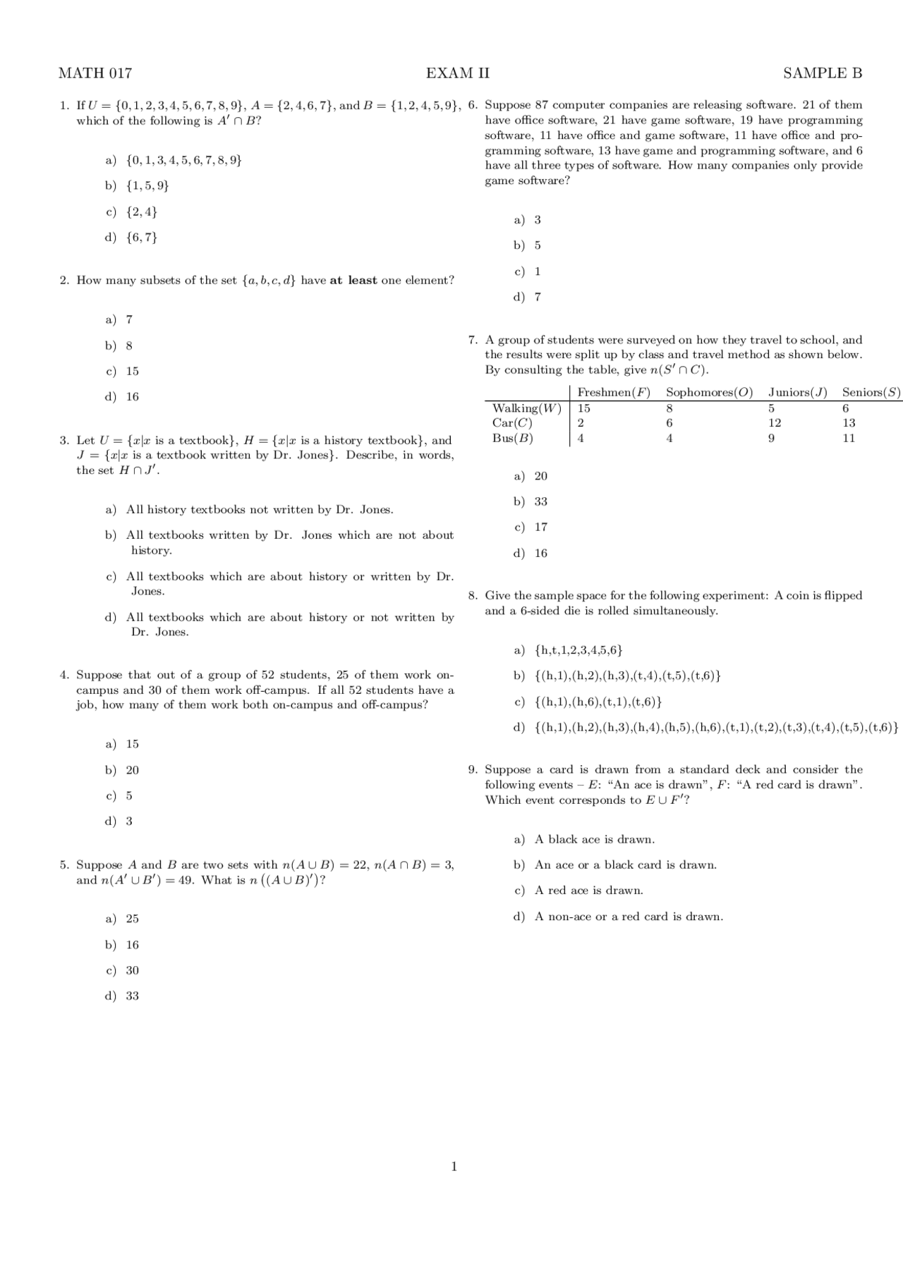 Finite Math Test Question Example 20 Multiple Choice Questions with Key of Finite Mathematics - Exam 2 ...