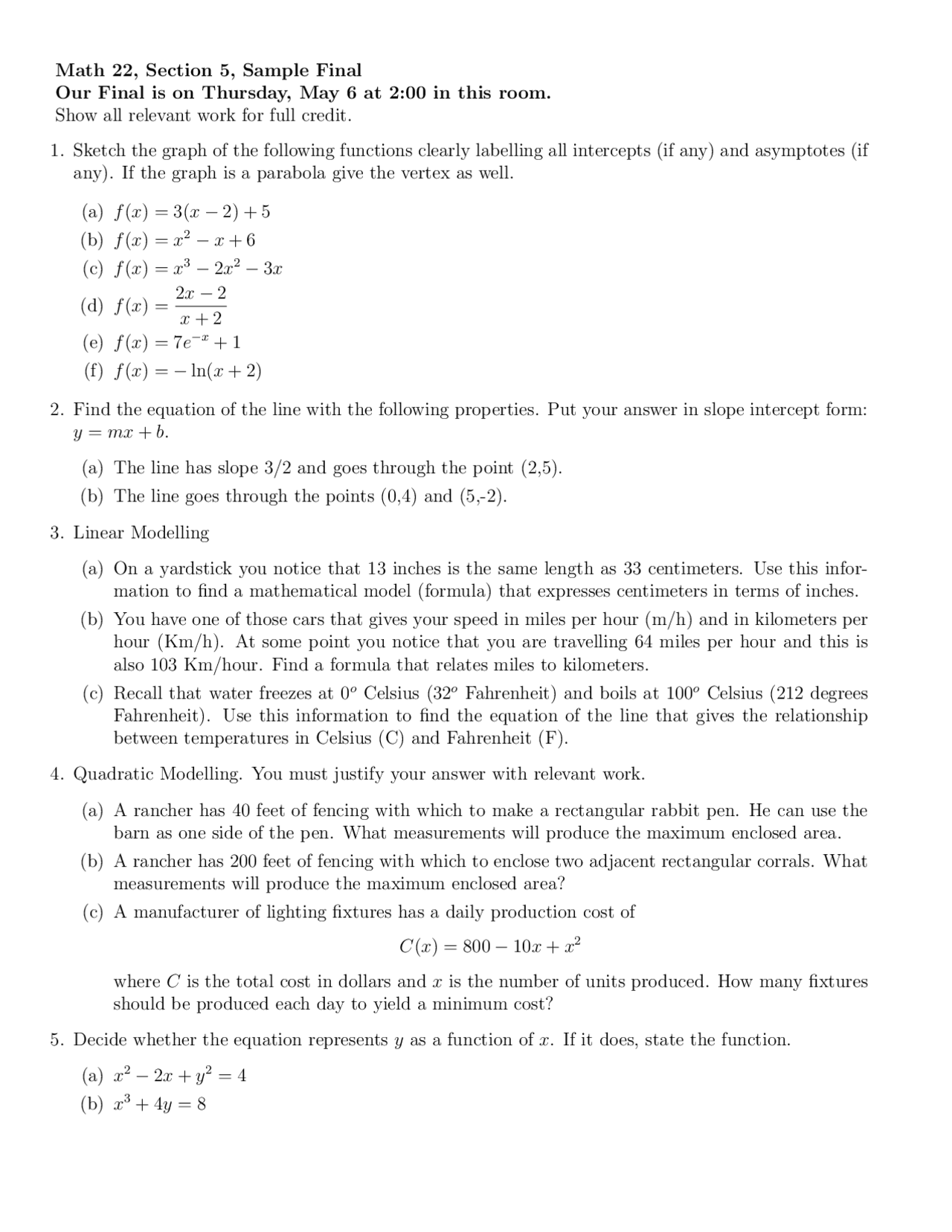Sample Questions for Final - College Algebra II and Analytic Geometry ...