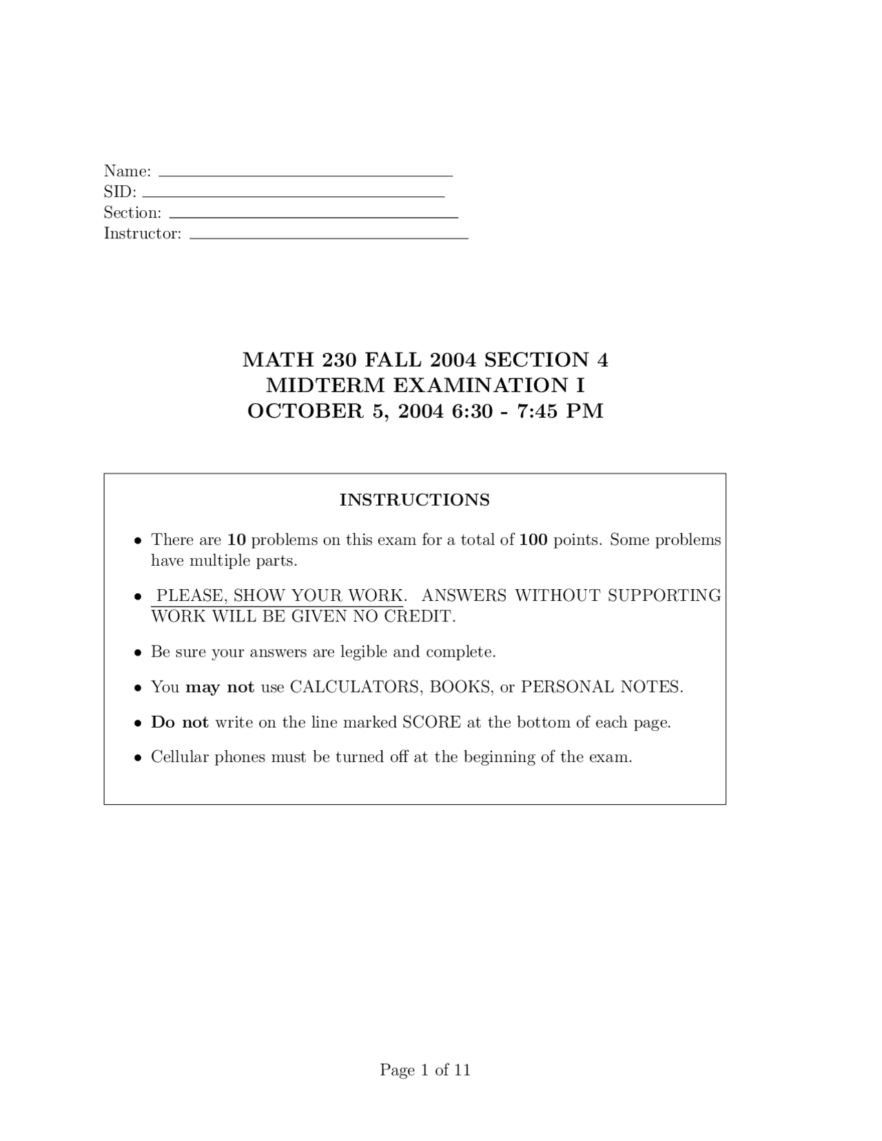 Midterm Exam 1 - Calculus and Vector Analysis - Fall 2004 | MATH 230 ...