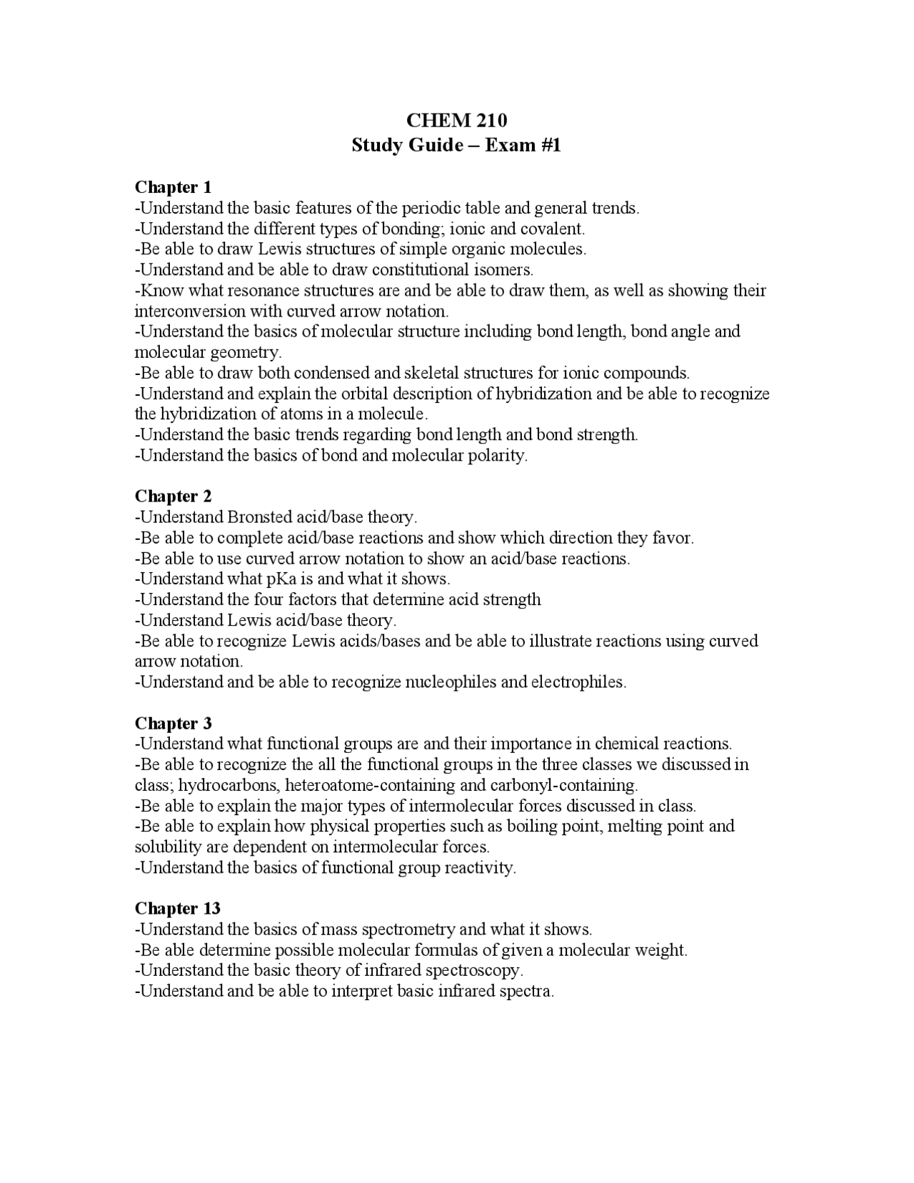 Study Guide by Chapters for Exam 1 - Organic Chemistry I | CHEM 210 ...