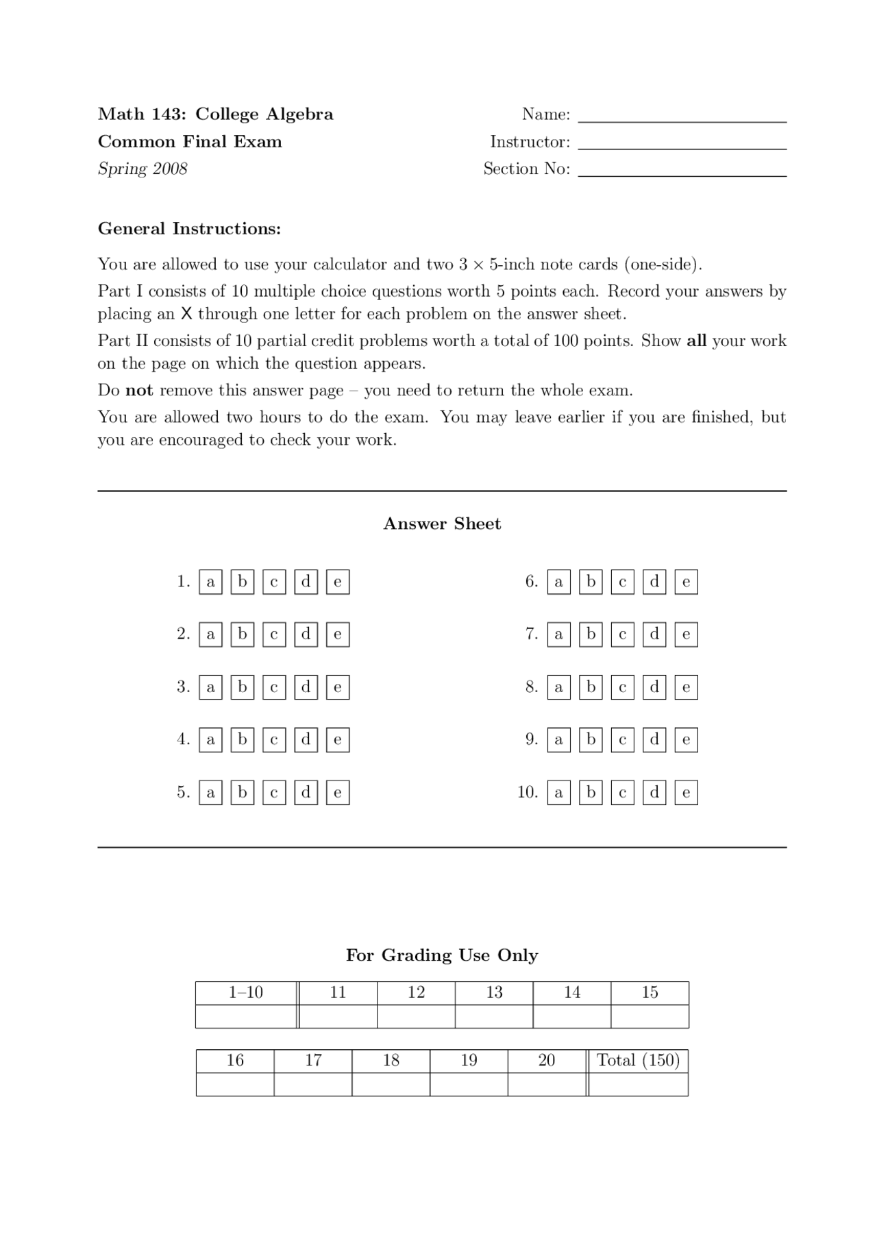 Common Final Exam - College Algebra | MATH 143 | Exams Algebra | Docsity