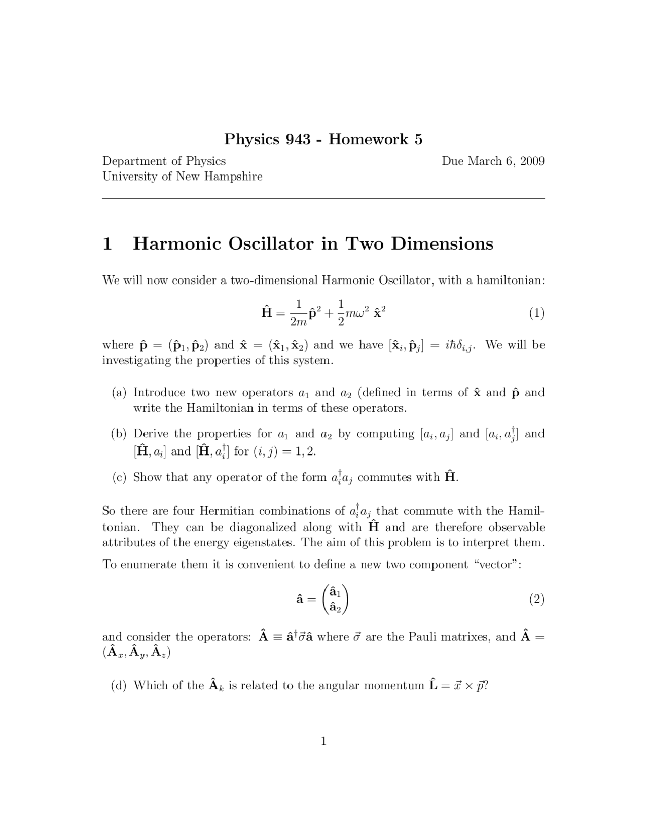 Notes on Harmonic Oscillators in Two Dimensions | PHYS 943 - Docsity