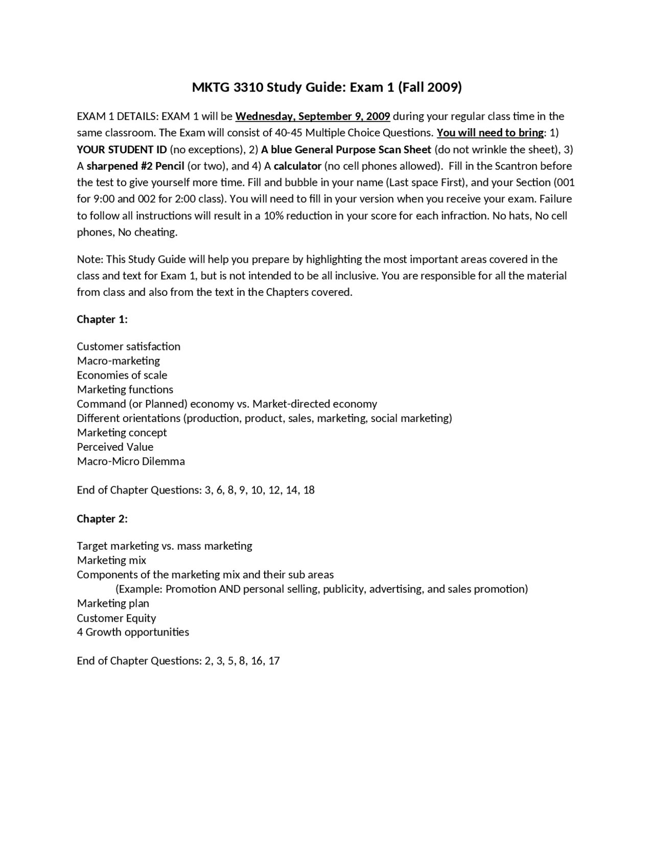Study Guide For Exam 1 Principles Of Marketing Mktg 3310 Docsity Study Guide For Exam 1 Principles Of Marketing Mktg 3310 Docsity
