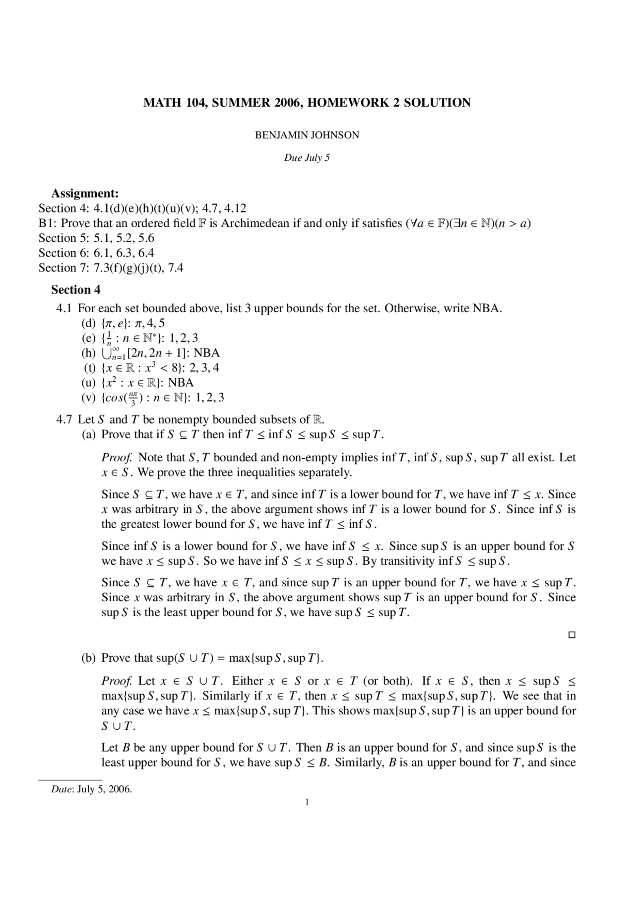 Introduction To Analysis Homework 2 Solutions Math 104 Docsity